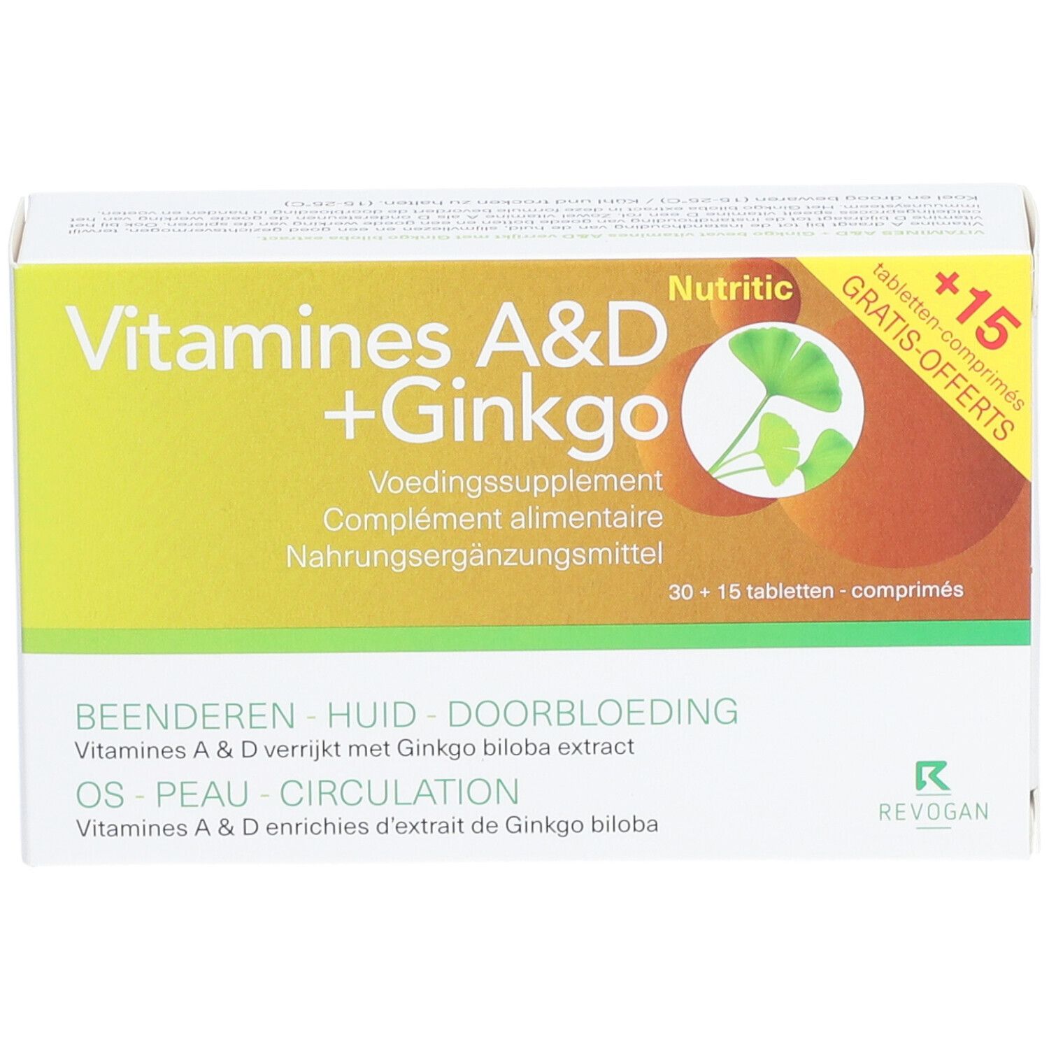 Emballage Nutritic Vitamines A & D Ginkgo. Vue de face avec nom du produit, feuille de ginkgo et '+15 GRATIS-OFFERTS'.