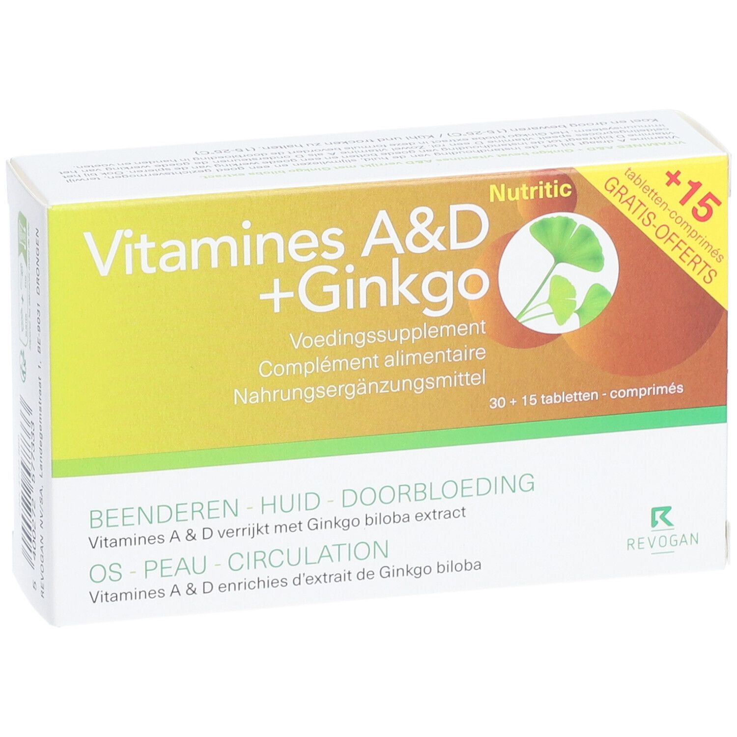 Emballage Nutritic Vitamines A & D Ginkgo. Vue de face avec nom du produit, feuille de ginkgo et '+15 GRATIS-OFFERTS'.