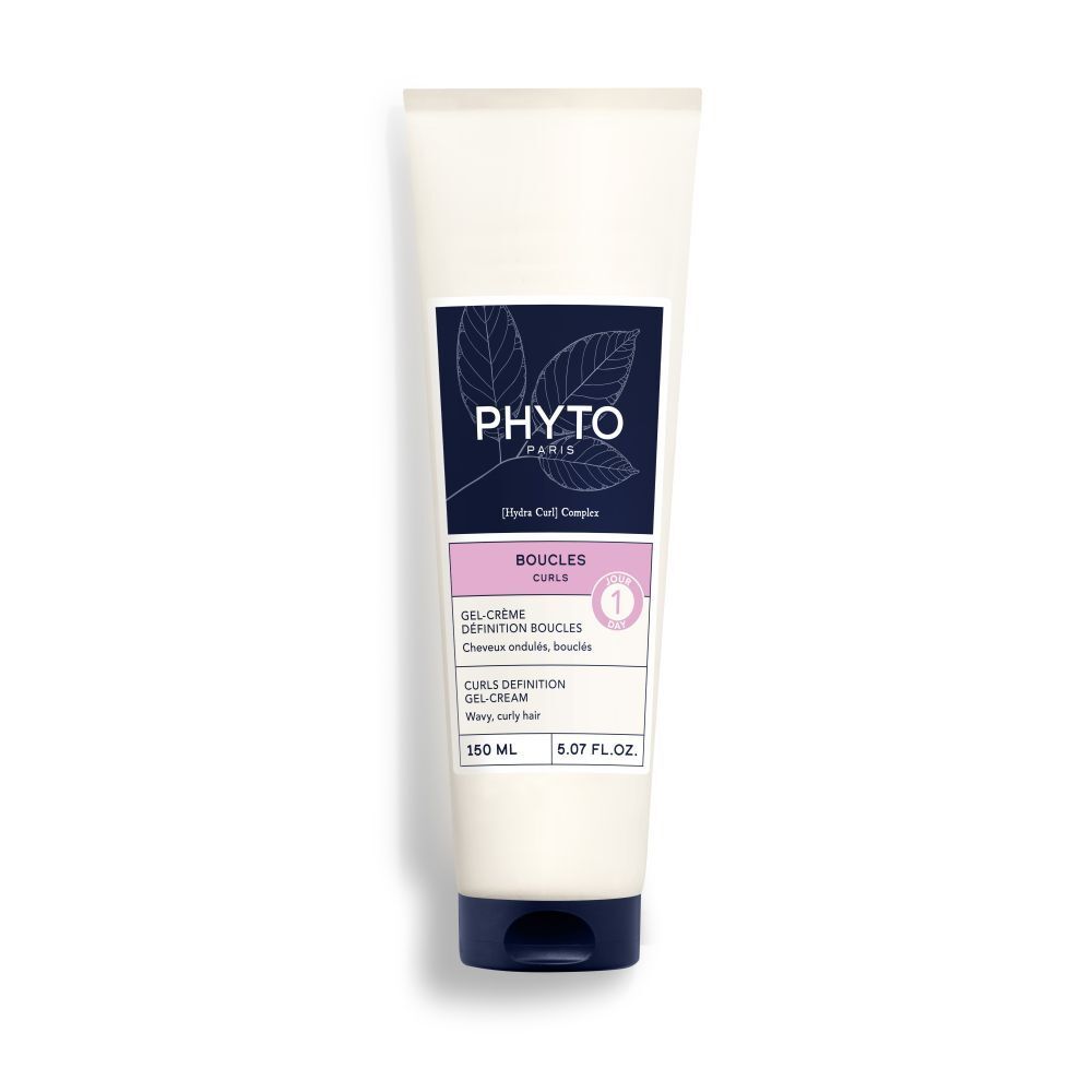 Weiß-blaue Tube mit Produktinformationen. Aufschrift: PHYT, Gel-Creme Definition Boucles. Volumen: 150 ml.