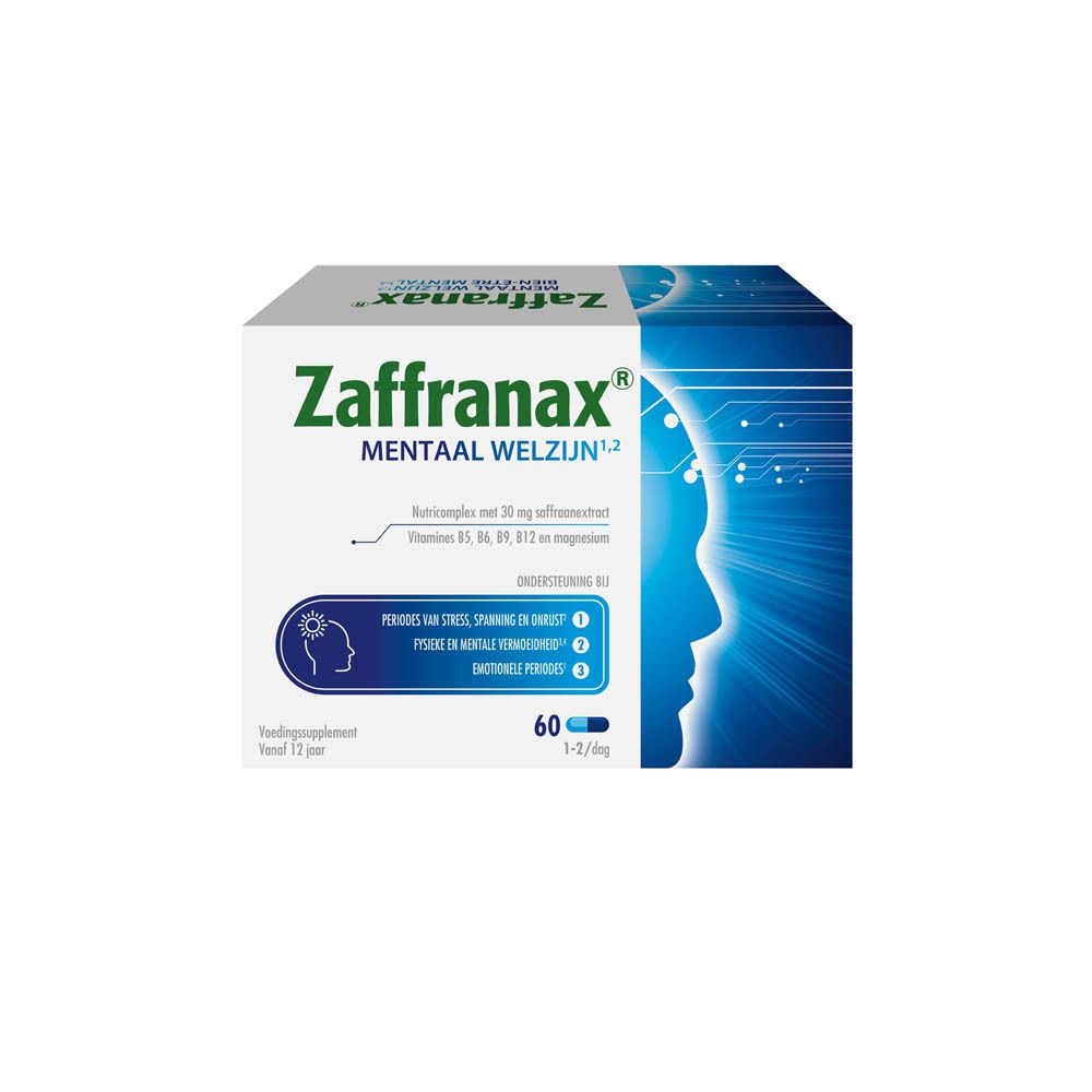 Zaffranax-verpakking. Bevat 60 capsules. Opschrift: Mentaal welzijn. Met vitaminen en saffraanextract.