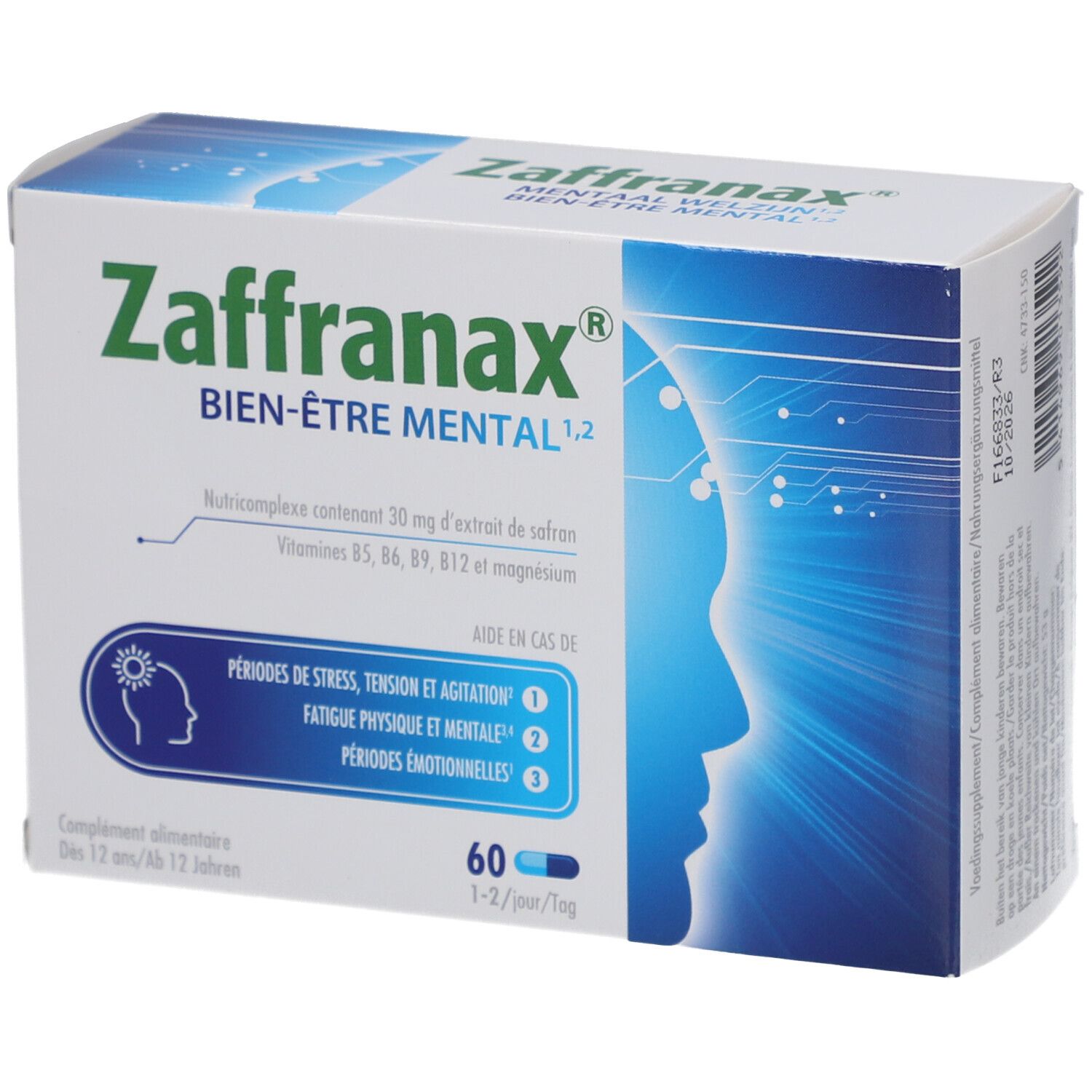 Schachtel mit Zaffranax. Aufschrift: Bien-Être Mental. Enthält 60 Kapseln. Blaue und grüne Kapseln.