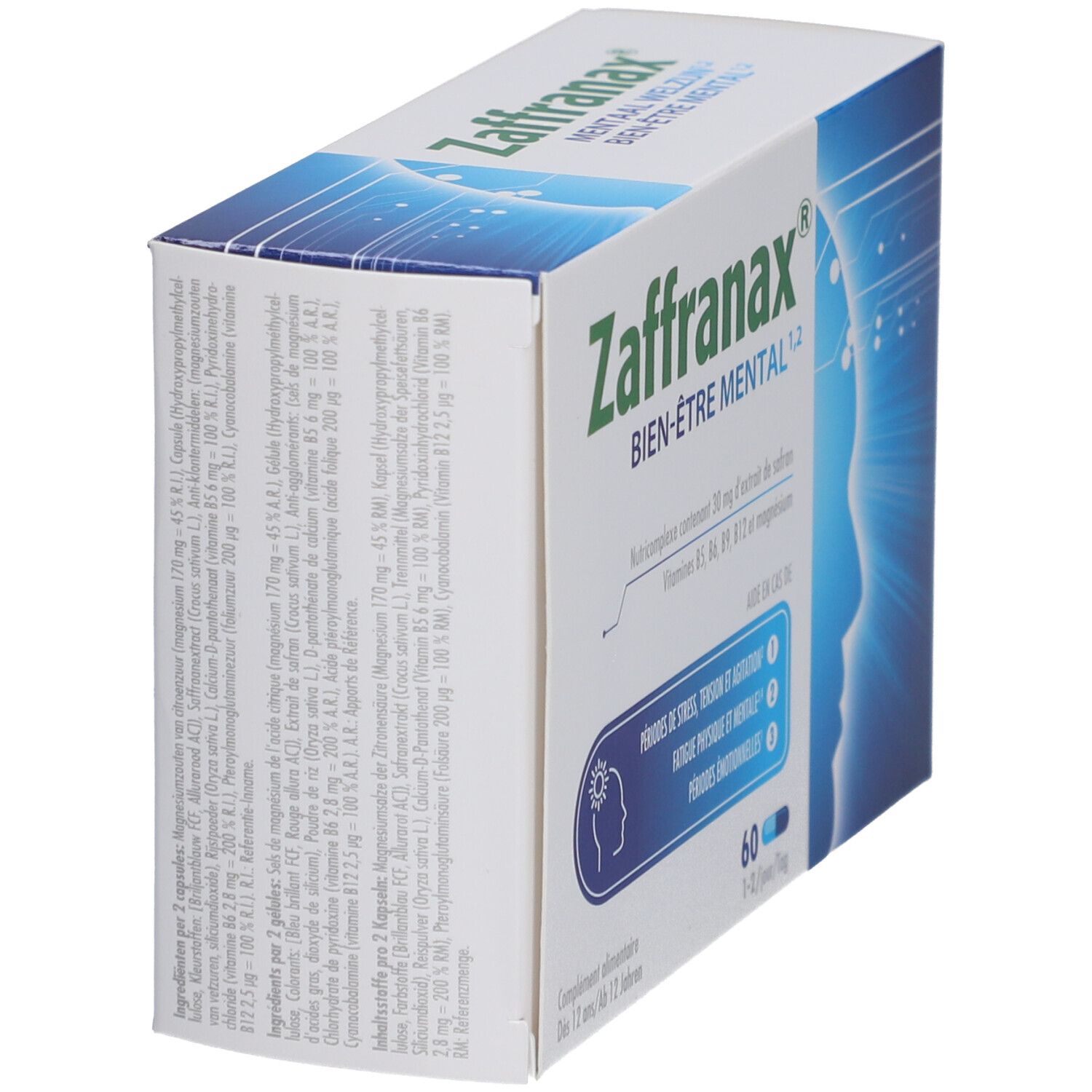 Seitenansicht der Zaffranax-Schachtel. Text: Bien-Être Mental. Enthält 60 Kapseln. Blaue und grüne Kapseln.