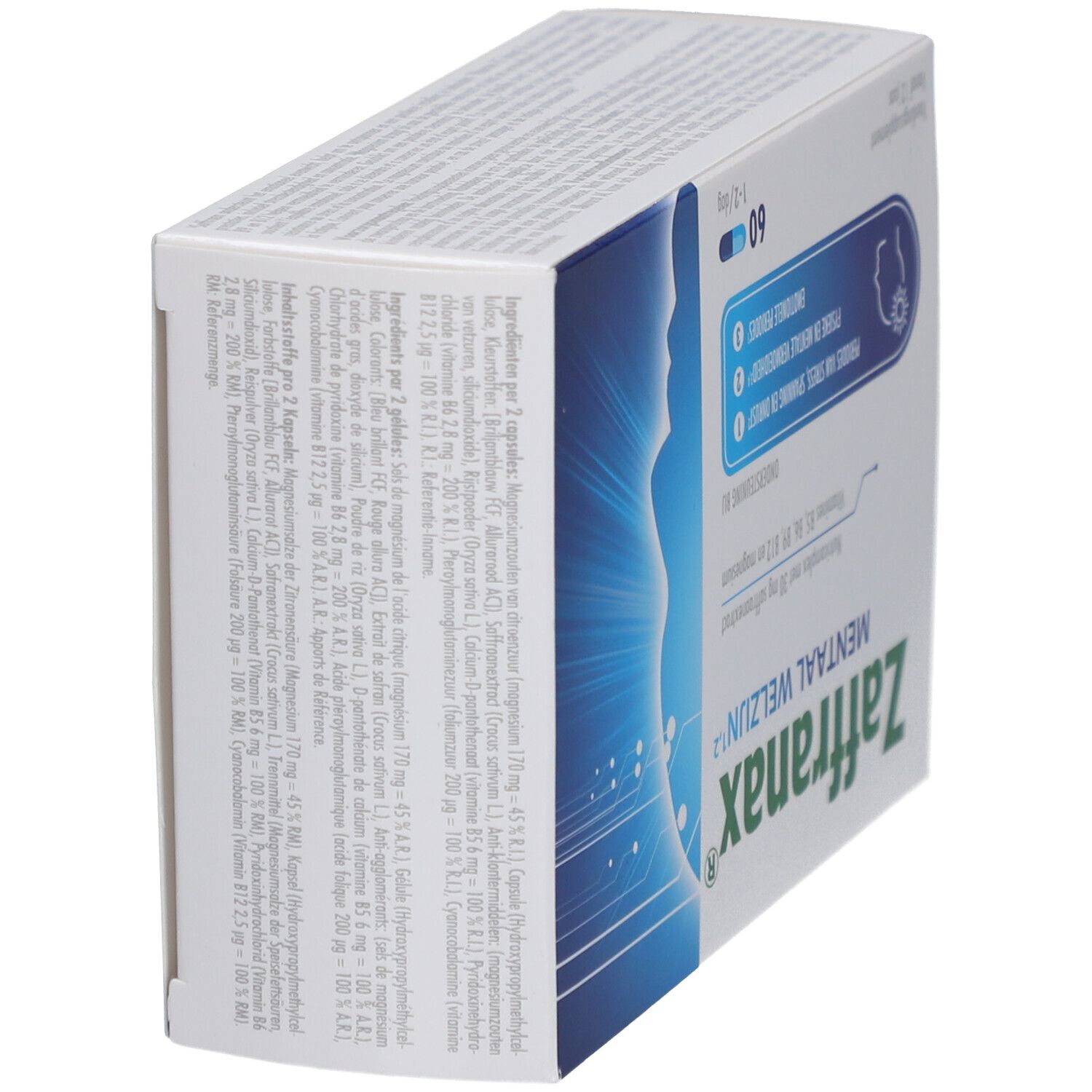 Seitenansicht der Zaffranax-Schachtel. Text: Mentaal Welzijn. Enthält 60 Kapseln. Blaue und grüne Kapseln.