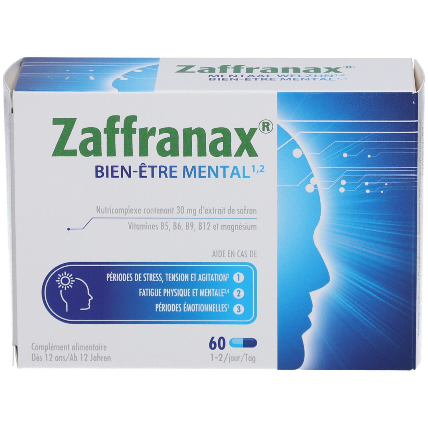 Zaffranax-Schachtel. Aufschrift: Bien-Être Mental. Enthält 60 Kapseln. Blaue und grüne Kapseln.