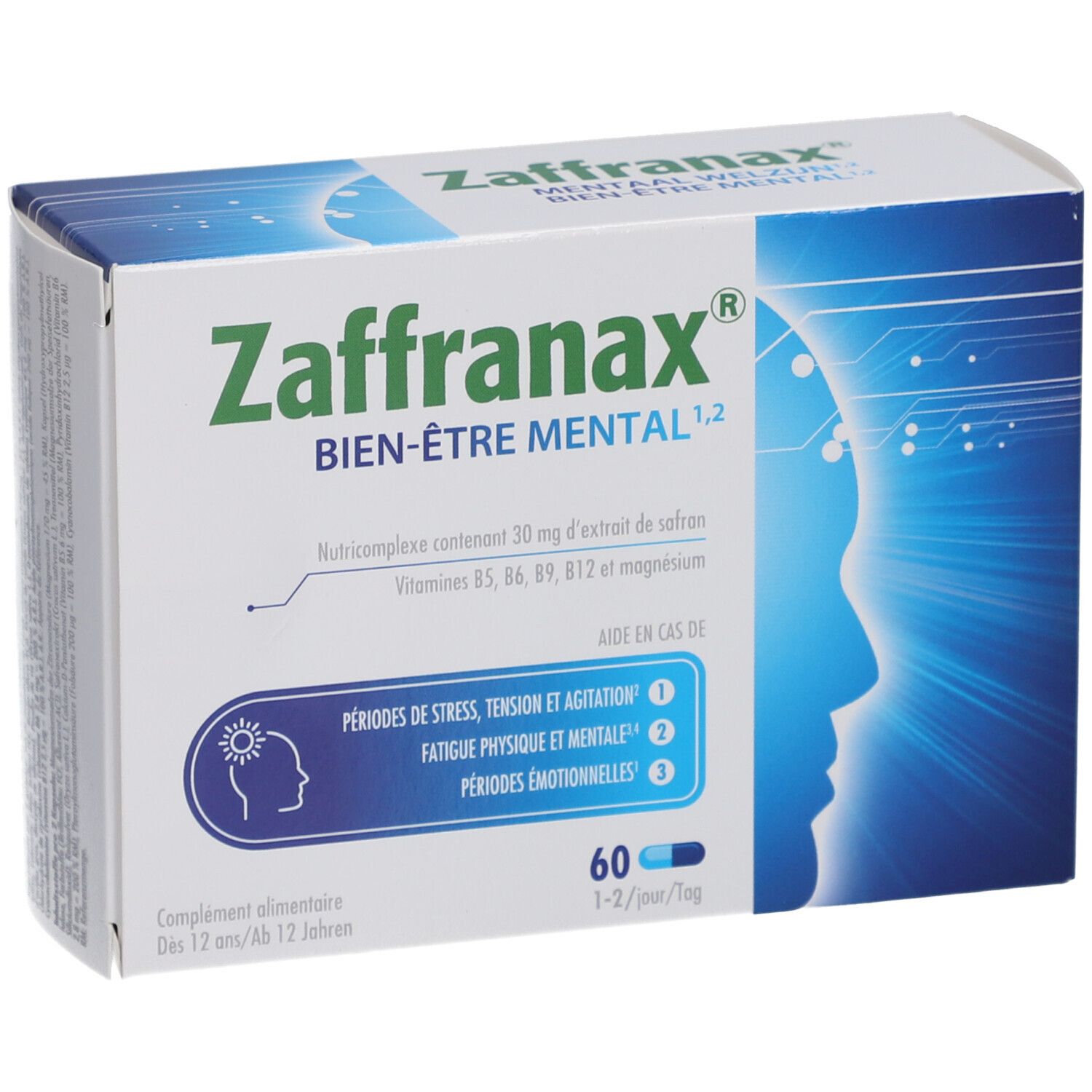 Zaffranax-Schachtel. Aufschrift: Bien-Être Mental. Enthält 60 Kapseln. Blaue und grüne Kapseln.