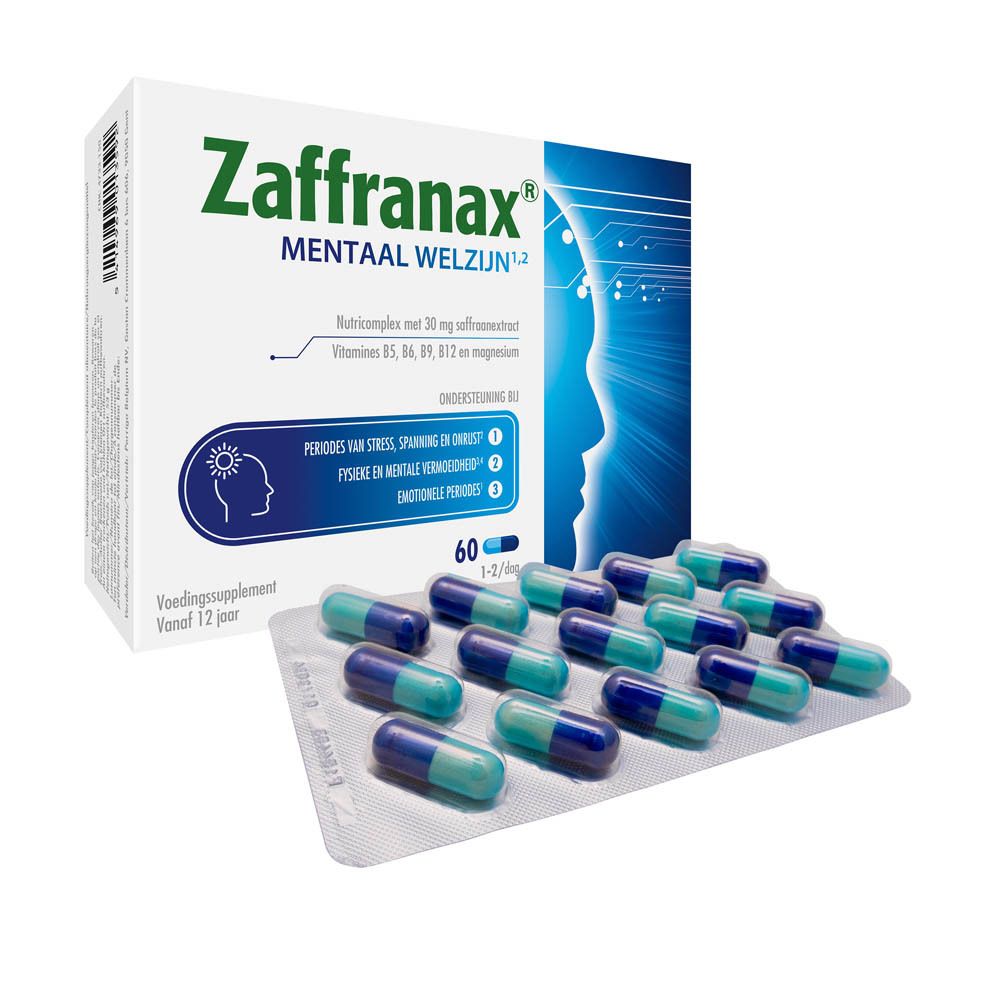 Zaffranax-verpakking met blister. Bevat 60 capsules. Opschrift: Mentaal welzijn. Met vitaminen en saffraanextract.