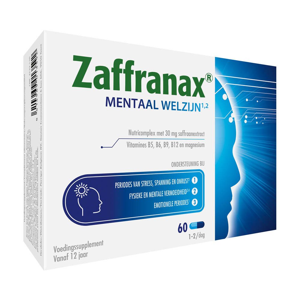 Zaffranax-verpakking. Bevat 60 capsules. Opschrift: Mentaal welzijn. Met vitaminen en saffraanextract.