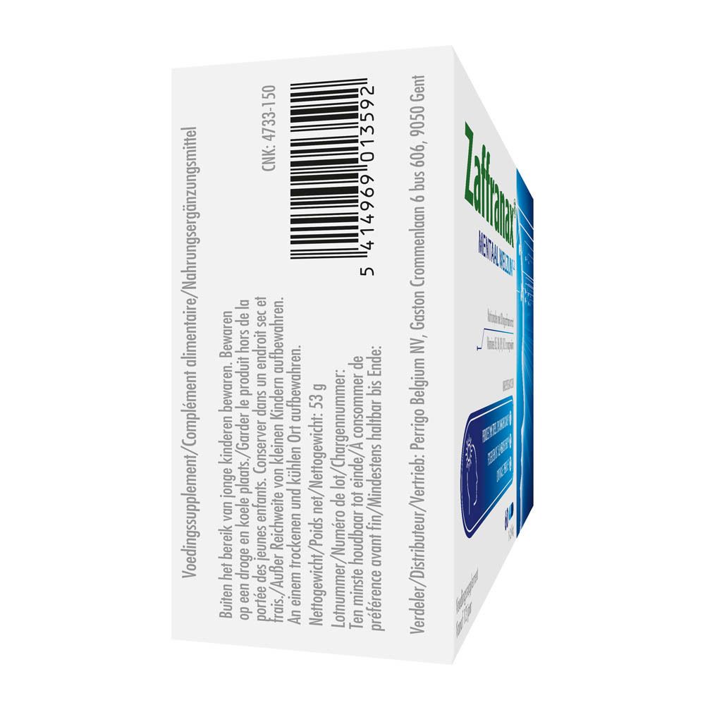 Zijaanzicht van de Zaffranax-verpakking. Bevat informatie over ingrediënten en voedingswaarde. Met vitaminen en saffraanextract.