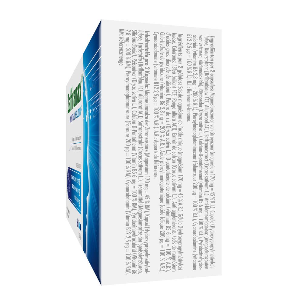 Zaffranax-verpakking. Bevat 60 capsules. Opschrift: Mentaal welzijn. Met vitaminen en saffraanextract.