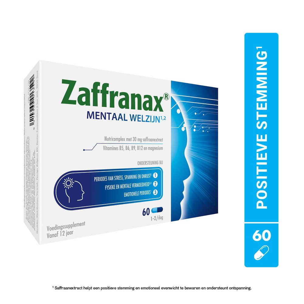 Zaffranax-verpakking. Bevat 60 capsules. Opschrift: Mentaal welzijn. Met vitaminen en saffraanextract.