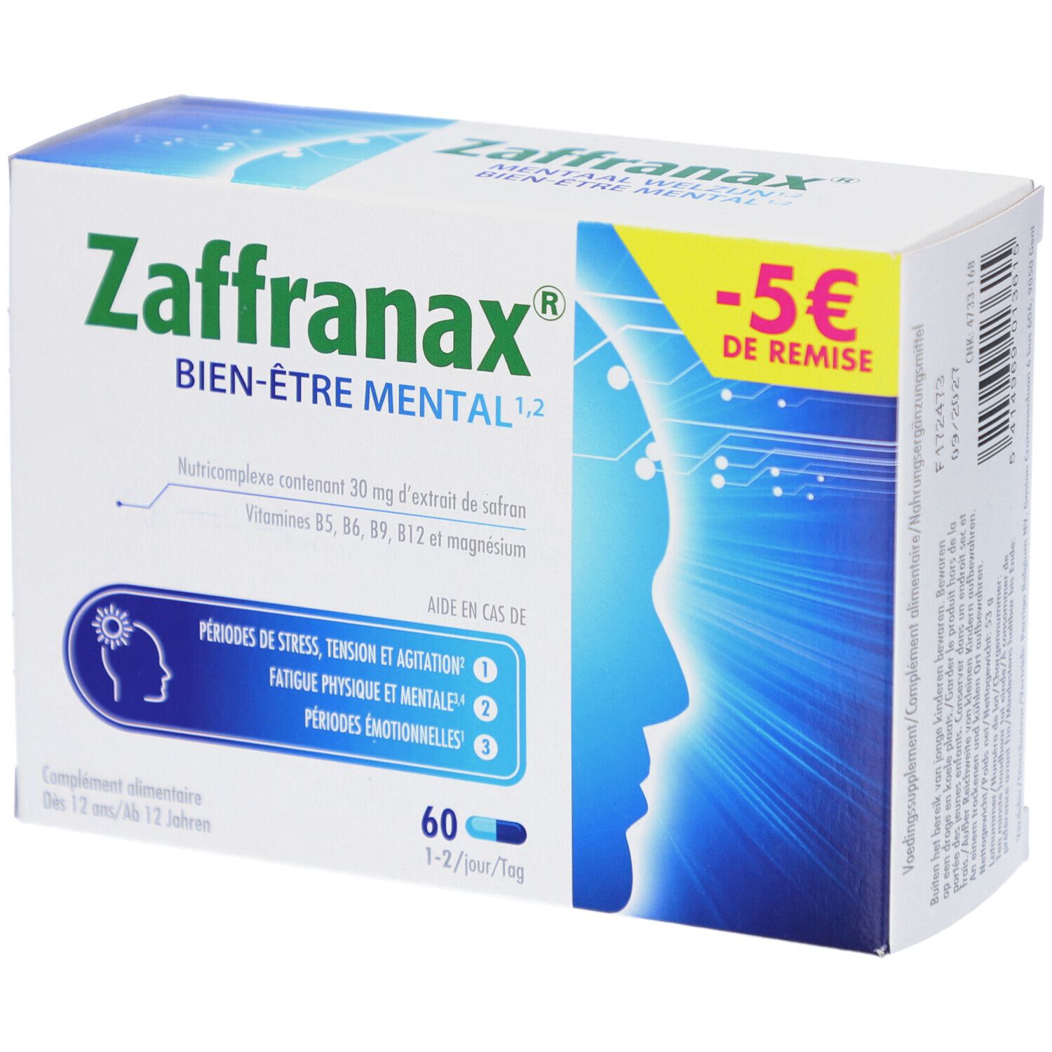 Schachtel mit Zaffranax Bien-Être Mental. Enthält 60 Kapseln. Aufdruck: -5 € Rabatt. Hilft bei Stress, Anspannung und Erschöpfung.