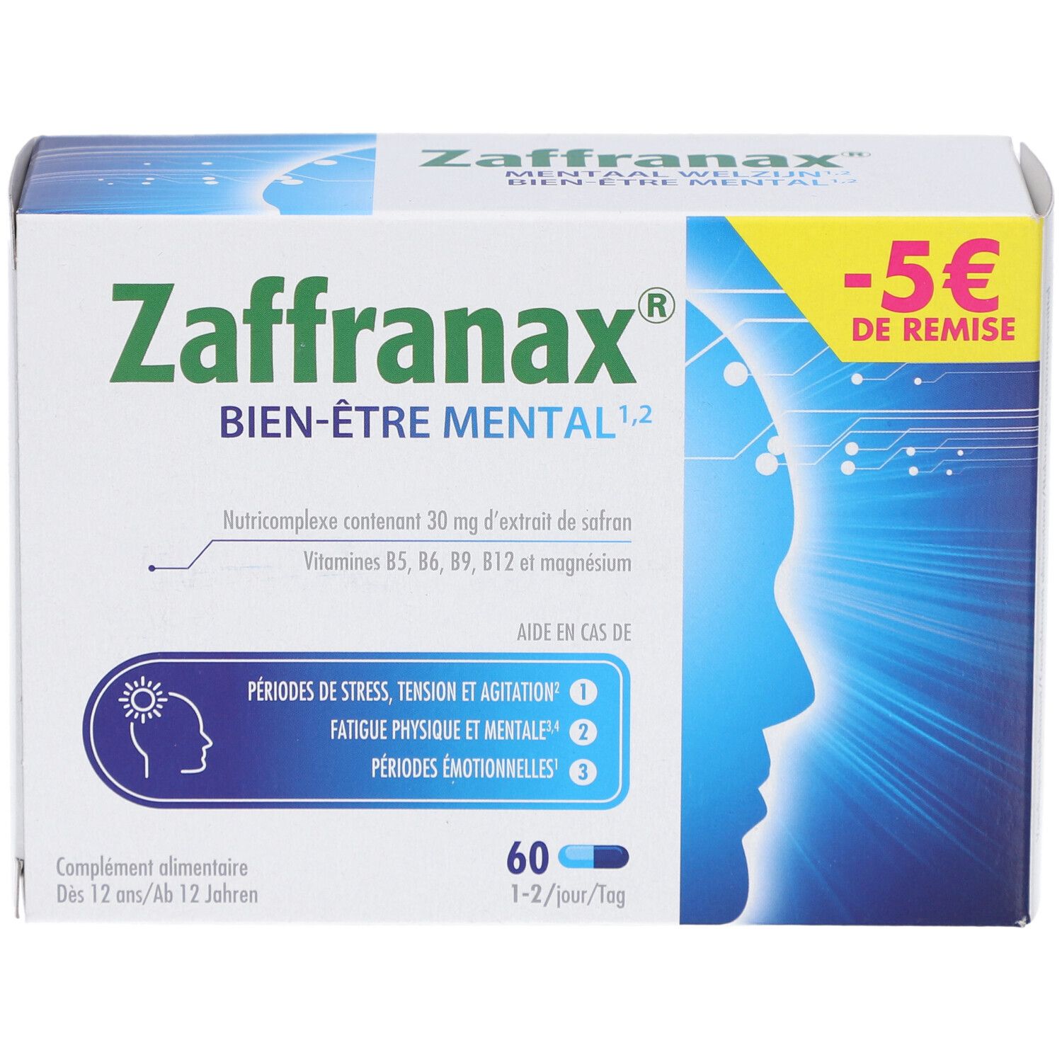Schachtel mit Zaffranax Bien-Être Mental. Enthält 60 Kapseln. Aufdruck: -5 € Rabatt. Hilft bei Stress, Anspannung und Erschöpfung.
