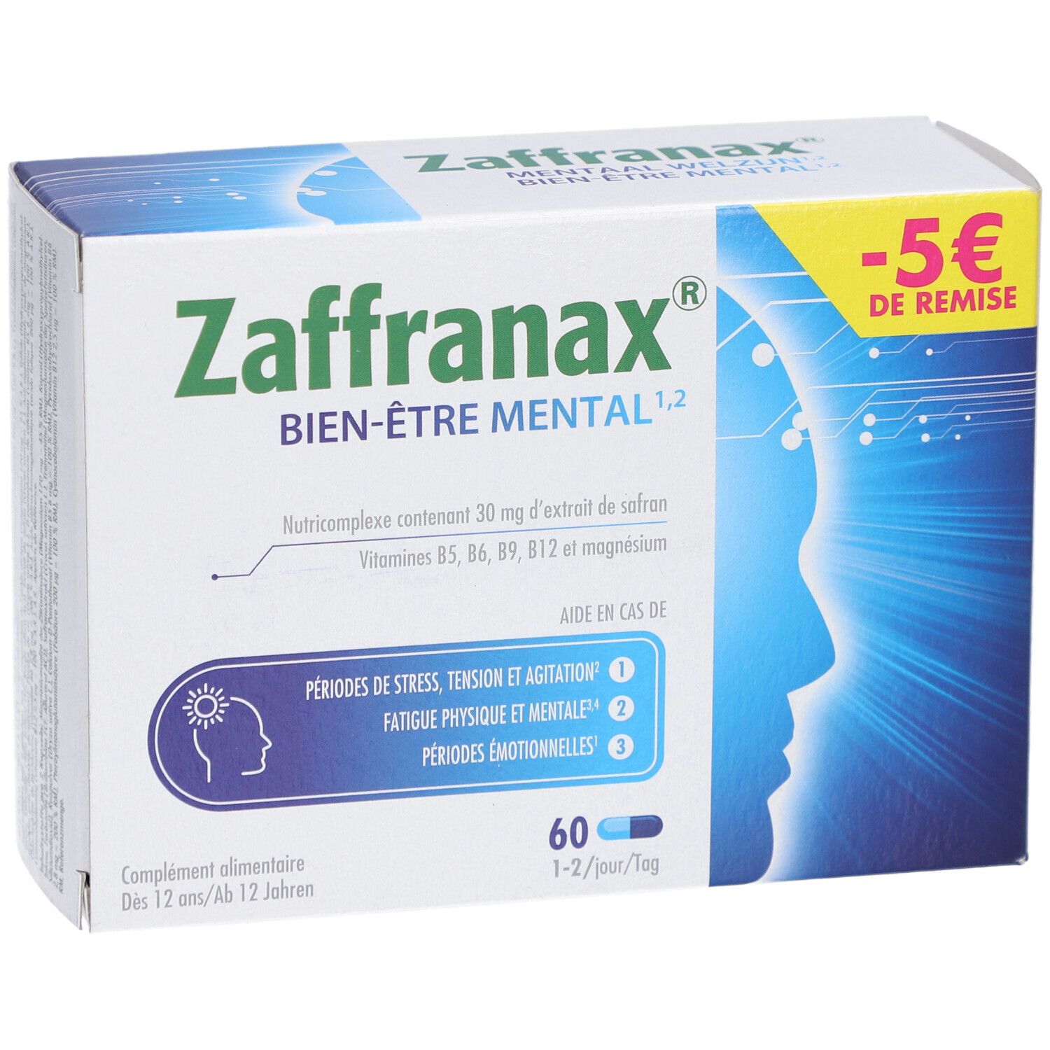 Schachtel mit Zaffranax Bien-Être Mental. Enthält 60 Kapseln. Aufdruck: -5 € Rabatt. Hilft bei Stress, Anspannung und Erschöpfung.