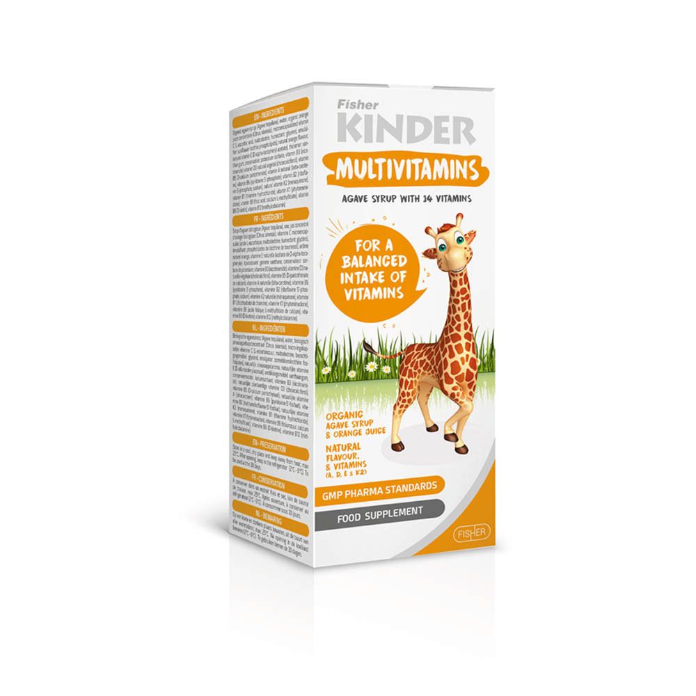 Verpackung von Fisher KINDER Multivitamine. Enthält 14 Vitamine. Mit Giraffen-Illustration. GMP-Standards.