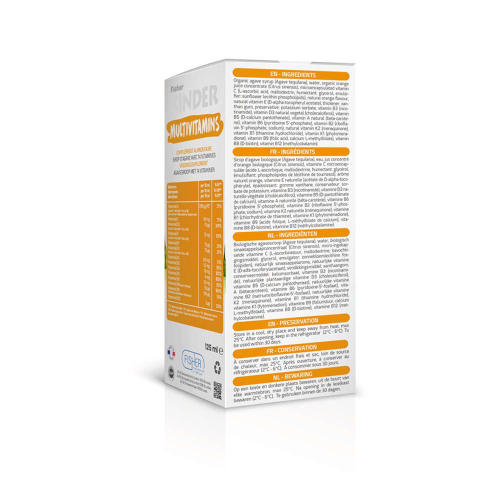 Rückseite der Verpackung von Fisher KINDER Multivitamine. Enthält Inhaltsstoffe und Anwendungshinweise.