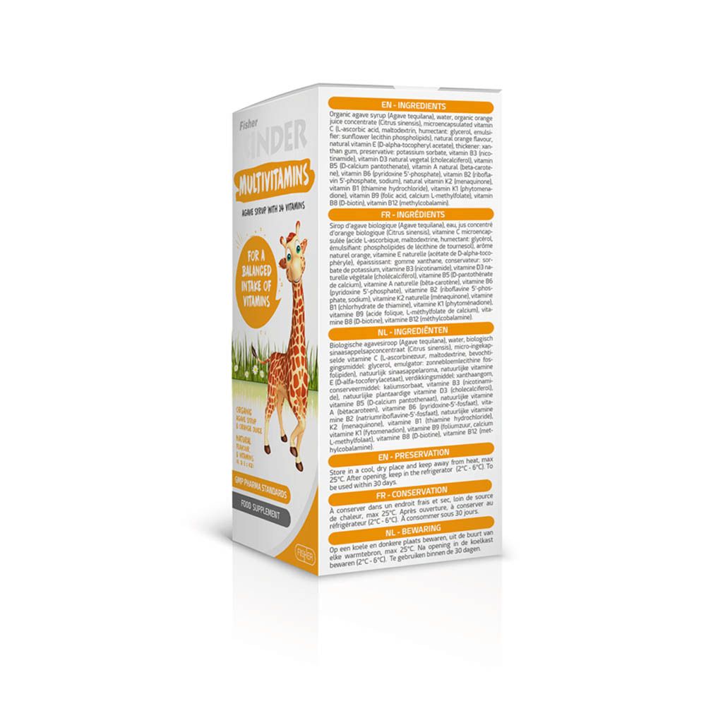 Rückseite der Verpackung von Fisher KINDER Multivitamine. Enthält Inhaltsstoffe und Anwendungshinweise.