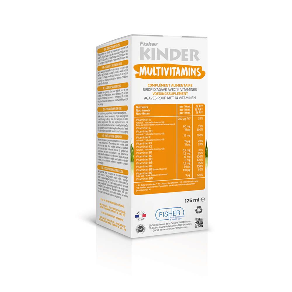 Seite der Verpackung von Fisher KINDER Multivitamine. Enthält Nährwertangaben und Volumen.