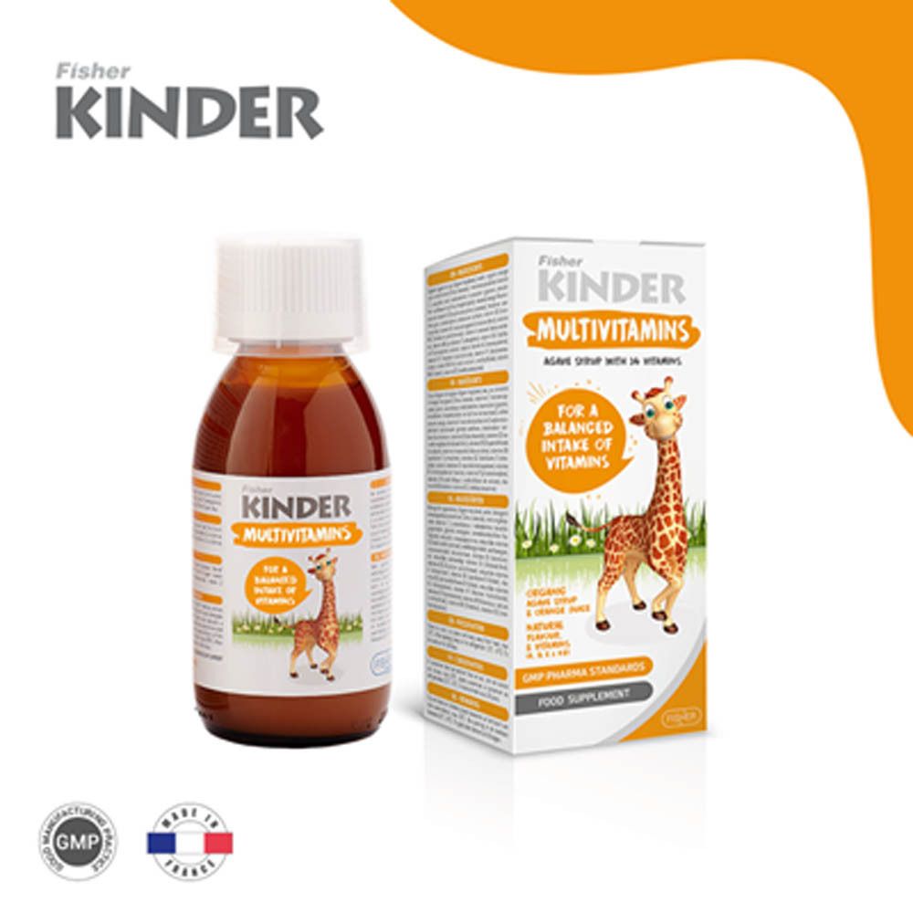 Fisher KINDER Multivitamine Flasche und Verpackung. Flasche braun, weißer Deckel. Verpackung mit Giraffe.