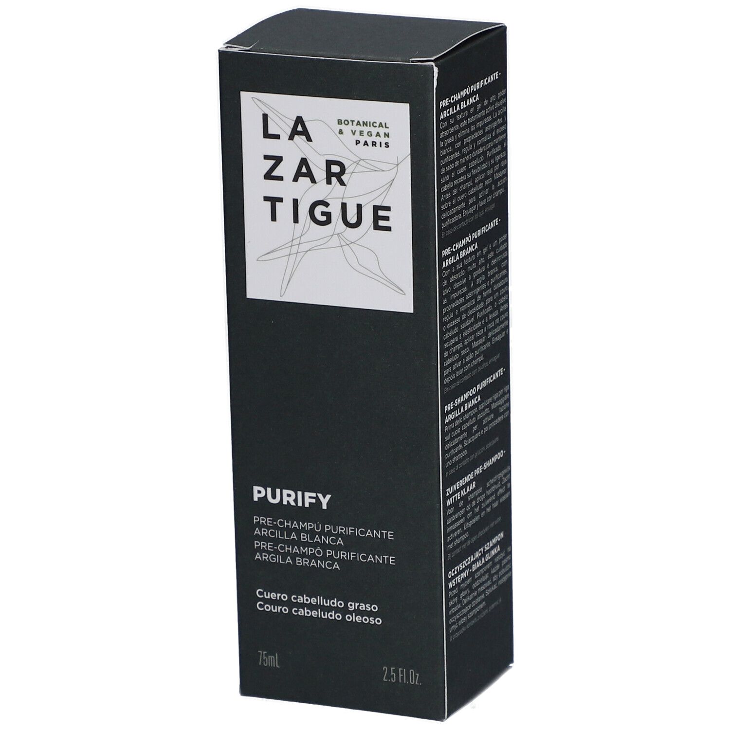 Boîte noire avec nom et logo du produit. Texte: Purify, Pre-Shampooing Purifiant Argile Blanche. 75ml, 2.5 fl.oz. Pour cheveux gras.