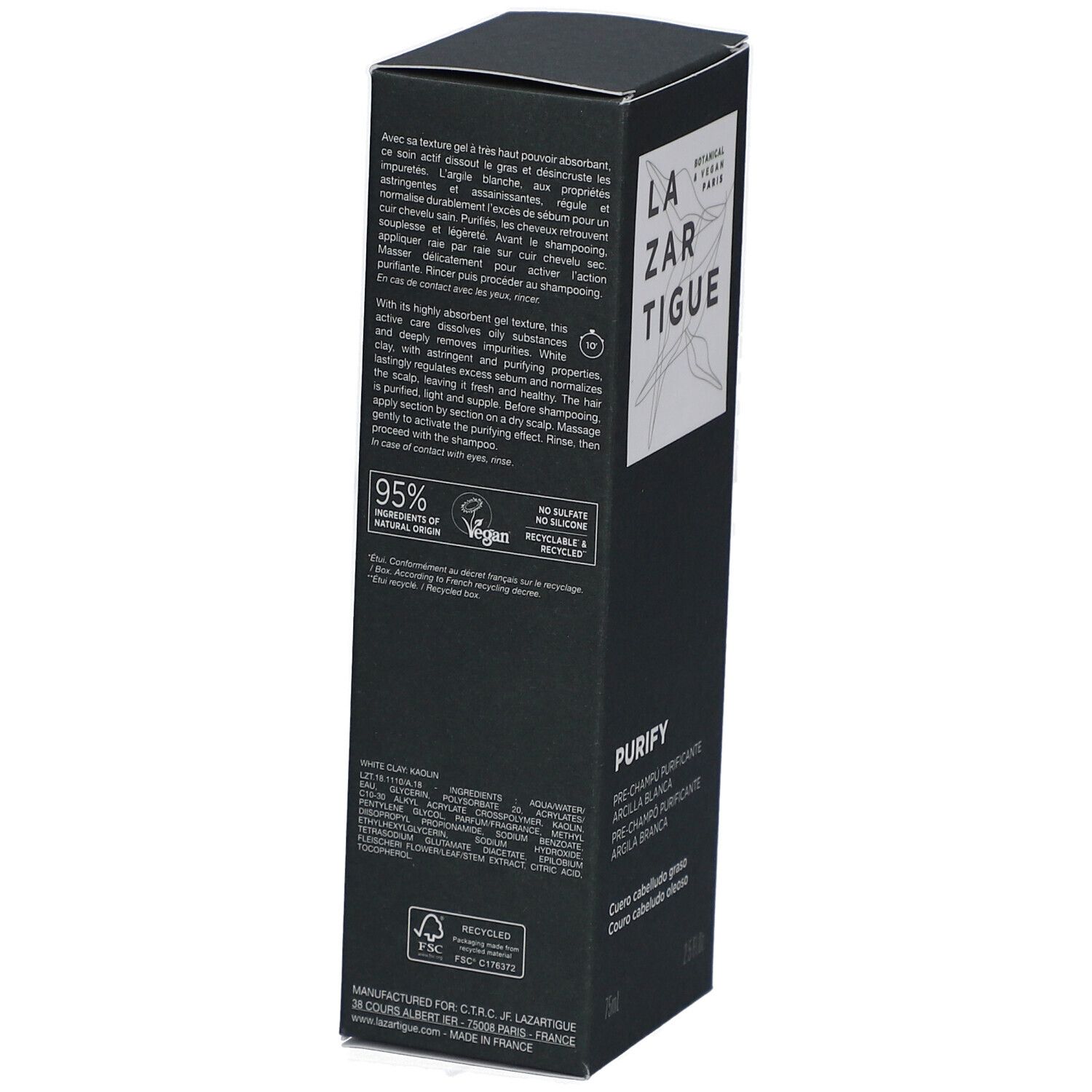 Boîte noire avec description du produit et logo. Texte: 95% d'origine naturelle, Vegan, Recyclable. Adresse du fabricant. Certification FSC.