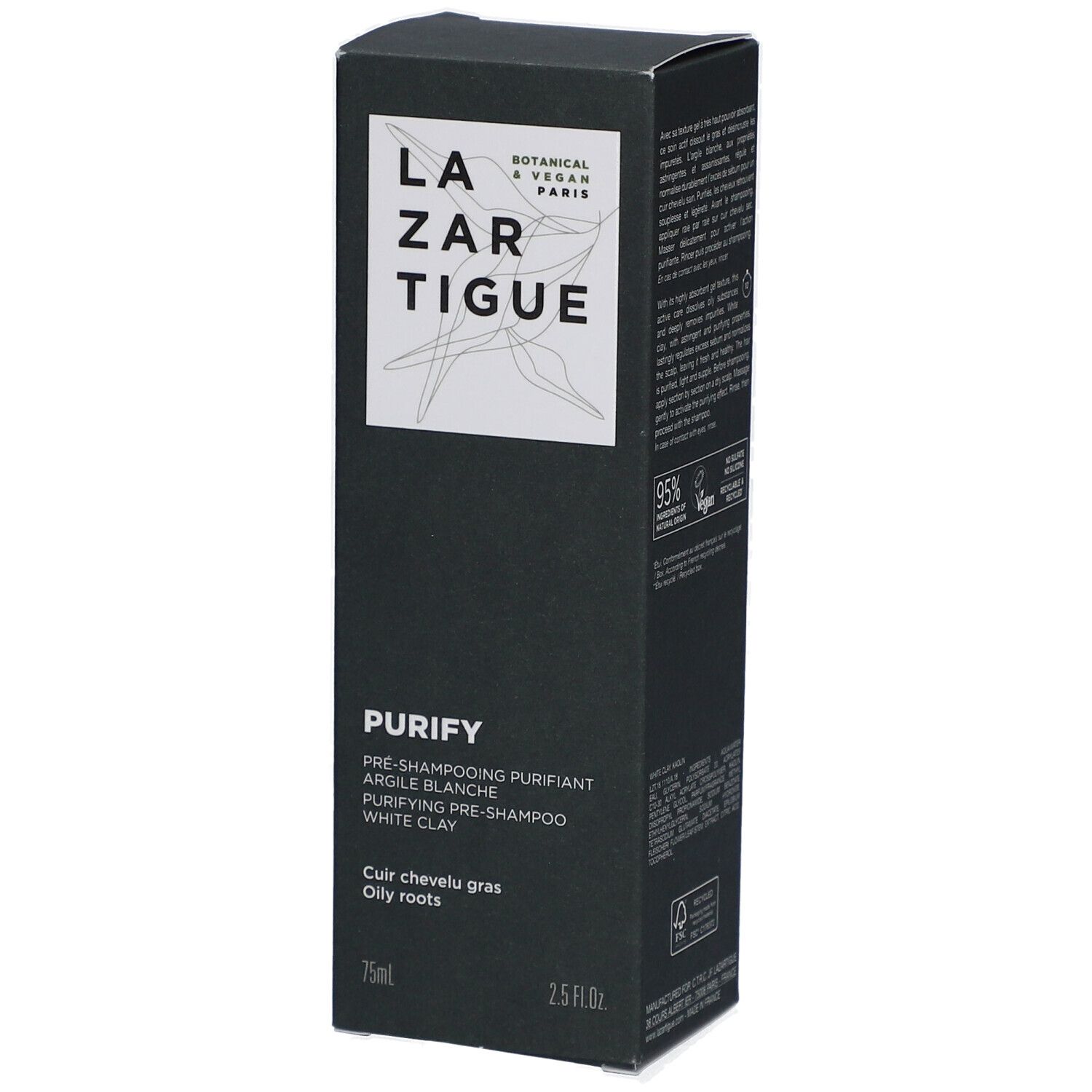Boîte noire avec nom et logo du produit. Texte: Purify, Pre-Shampooing Purifiant Argile Blanche. Pour racines grasses. 75ml, 2.5 fl.oz.