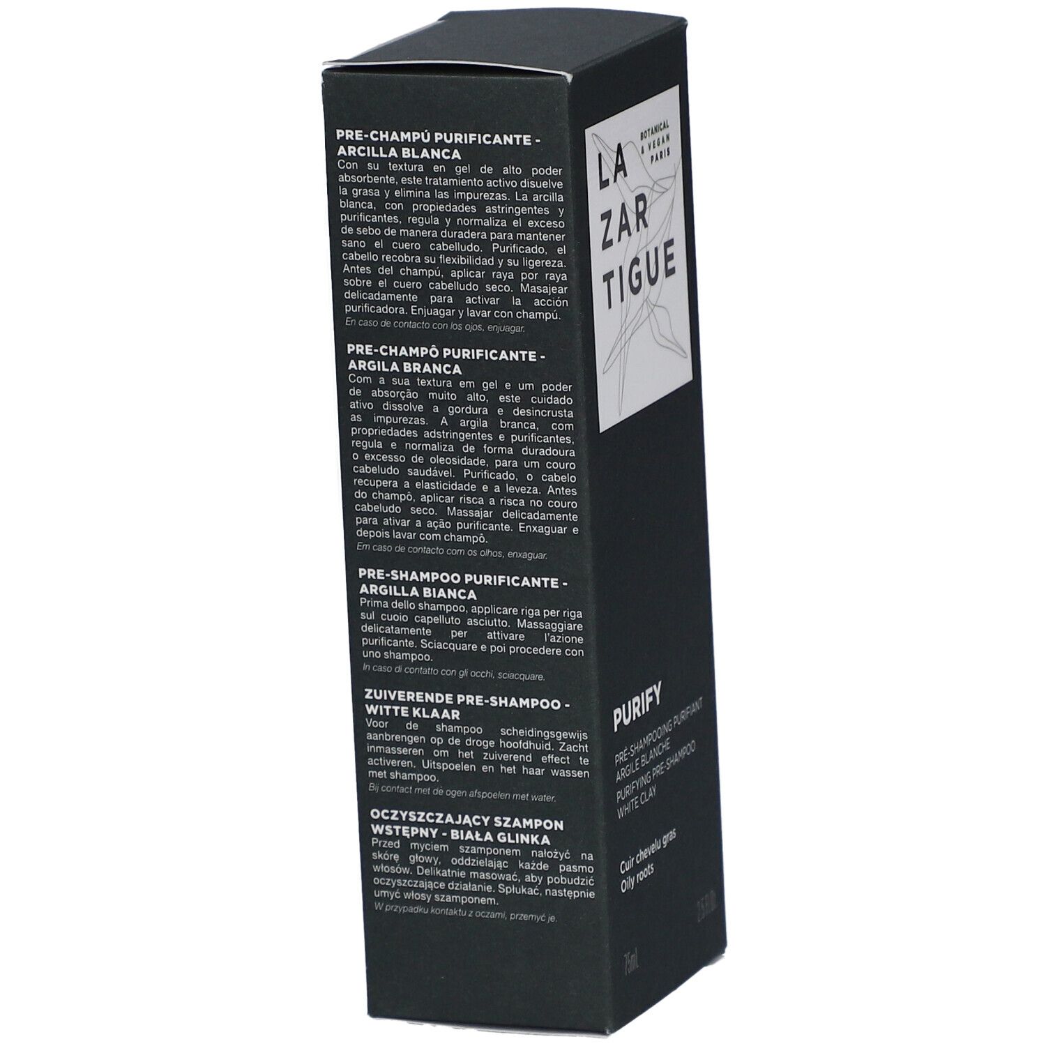 Boîte noire avec description du produit et logo. Texte: Pre-Champú Purificante Argila Blanca. Description multilingue du produit.
