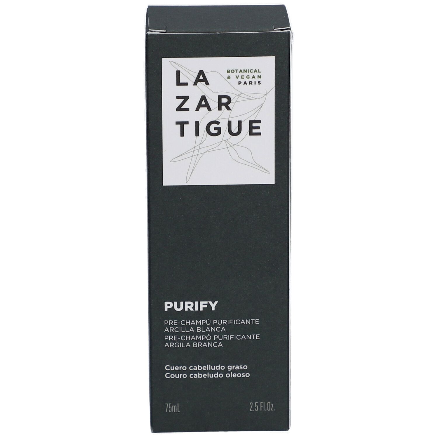 Boîte noire avec nom et logo du produit. Texte: Purify, Pre-Shampooing Purifiant Argile Blanche. 75ml, 2.5 fl.oz. Pour cheveux gras.