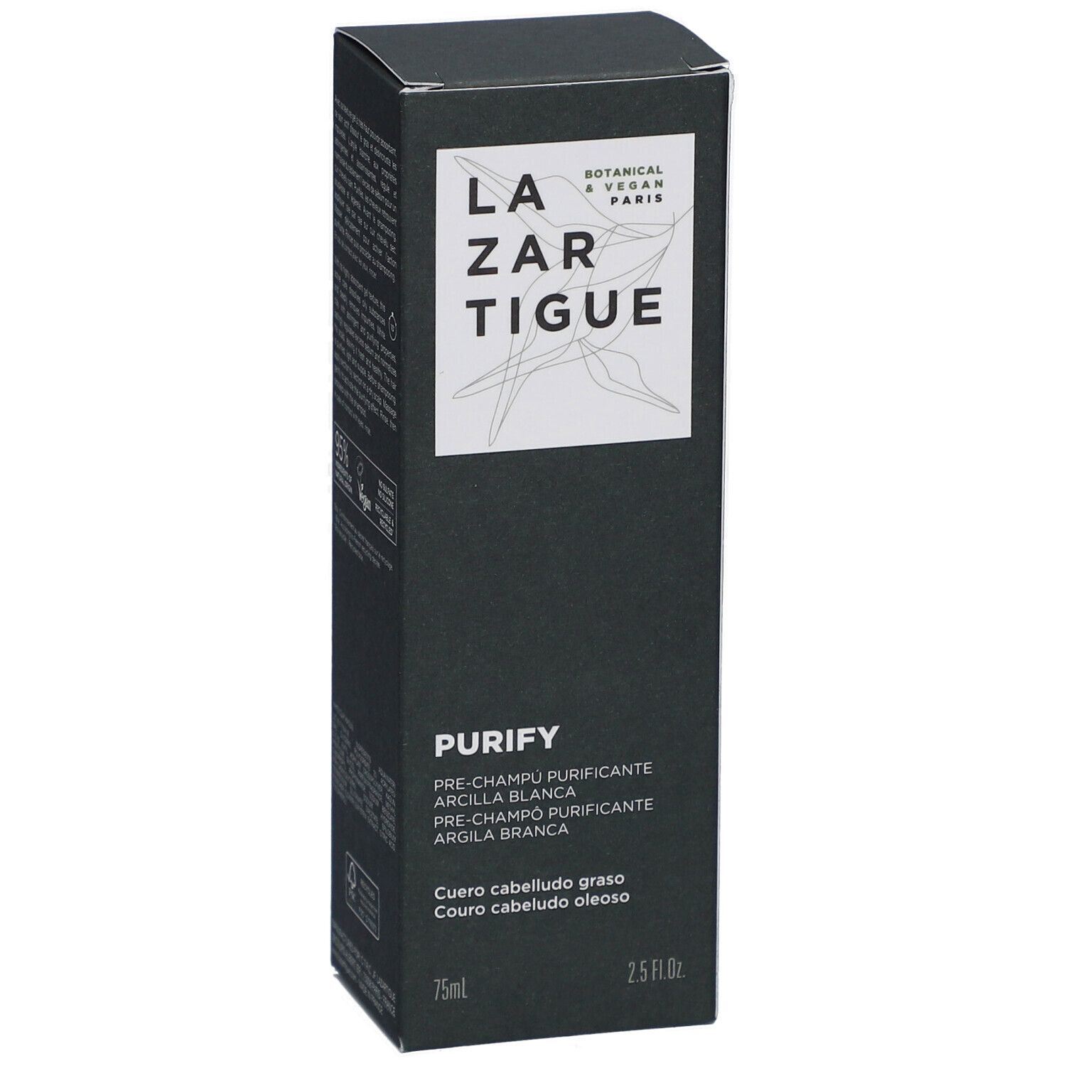 Boîte noire avec nom et logo du produit. Texte: Purify, Pre-Shampooing Purifiant Argile Blanche. 75ml, 2.5 fl.oz. Pour cheveux gras.