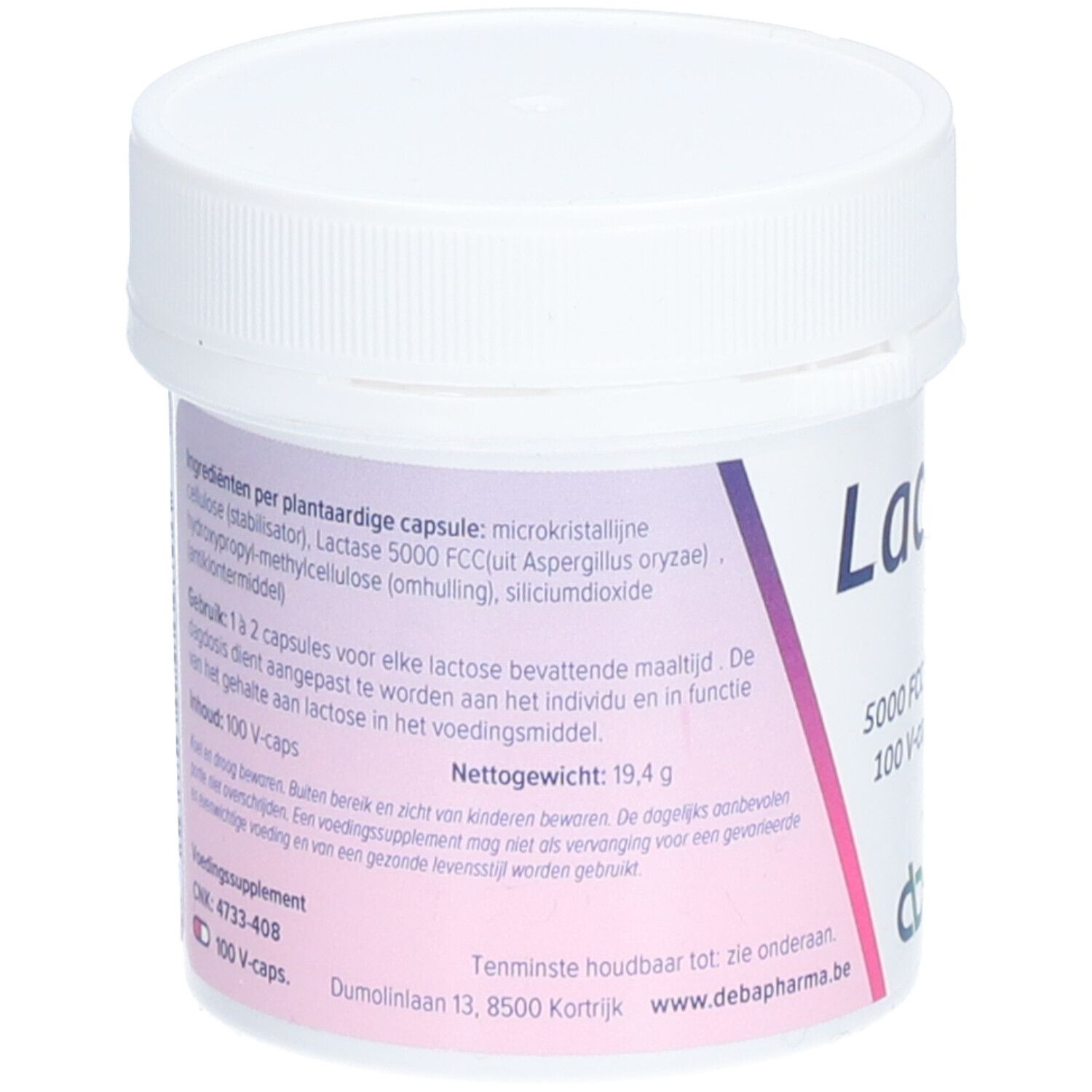 Dos du pot en plastique blanc. Contient des informations sur les ingrédients, le dosage et le poids net.