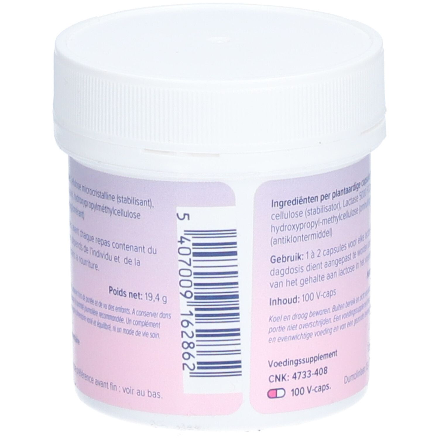 Dos du pot en plastique blanc. Contient des informations sur les ingrédients, le dosage et le poids net.