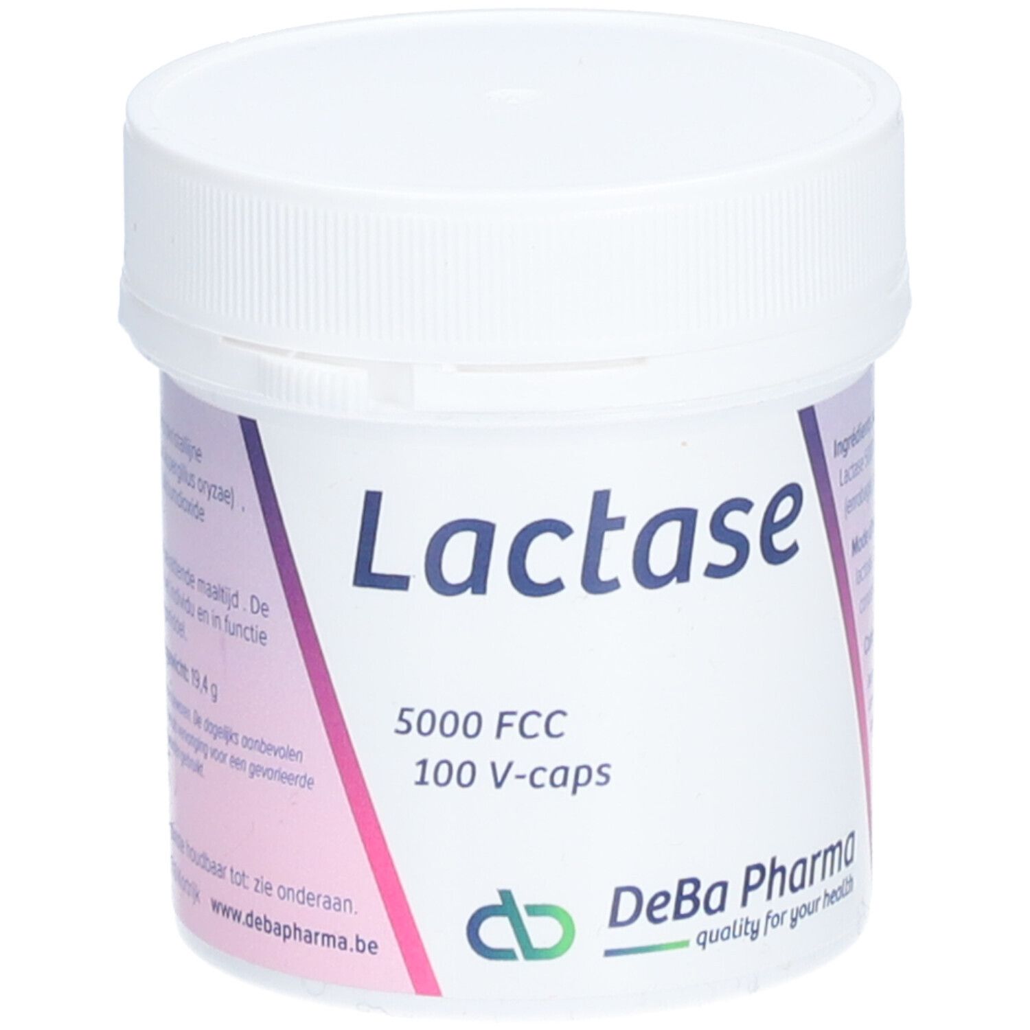 Pot en plastique blanc avec inscription "Lactase". Contient 100 V-caps. Logo DeBa Pharma.