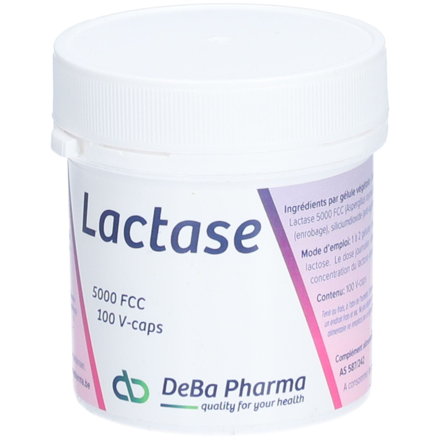 Pot en plastique blanc avec inscription "Lactase". Contient 100 V-caps. Logo DeBa Pharma.