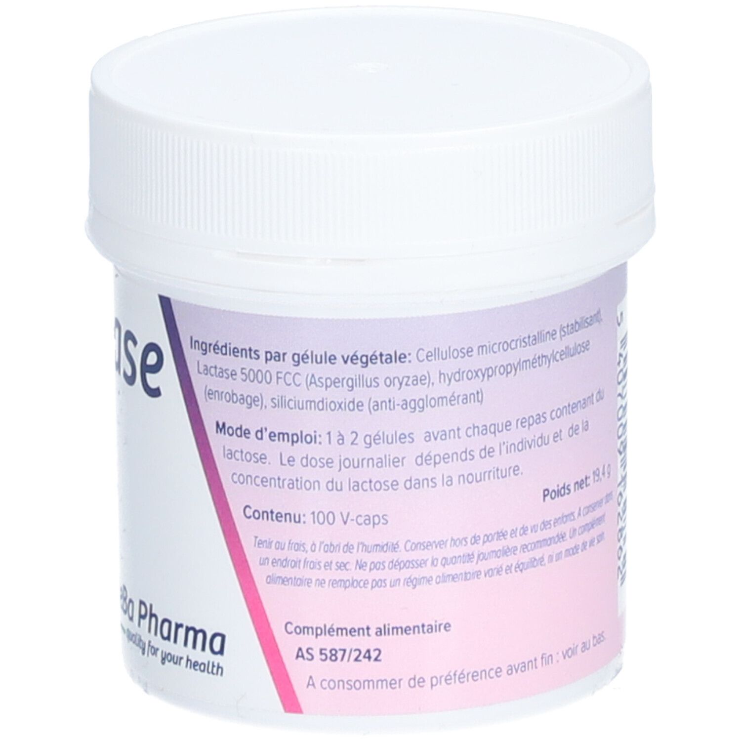 Dos du pot en plastique blanc. Contient des informations sur les ingrédients, le dosage et le poids net.