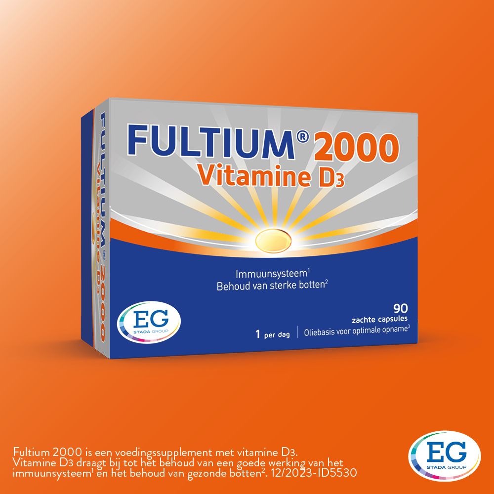 Fultium 2000 verpakking op oranje achtergrond. Productnaam en logo duidelijk zichtbaar.