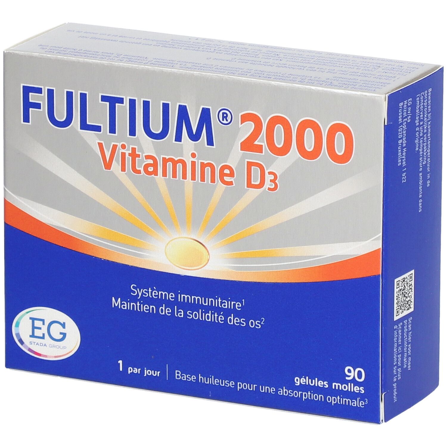 Doos Fultium 2000, vitamine D3. Blauwe en zilveren verpakking met productnaam en logo. 90 capsules.