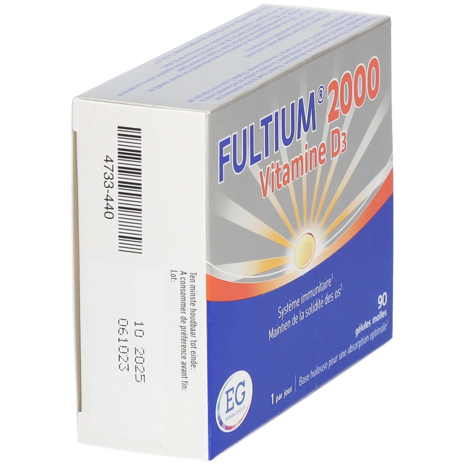 Achterkant van de Fultium 2000 verpakking. Barcode en vervaldatum. Franse tekst.