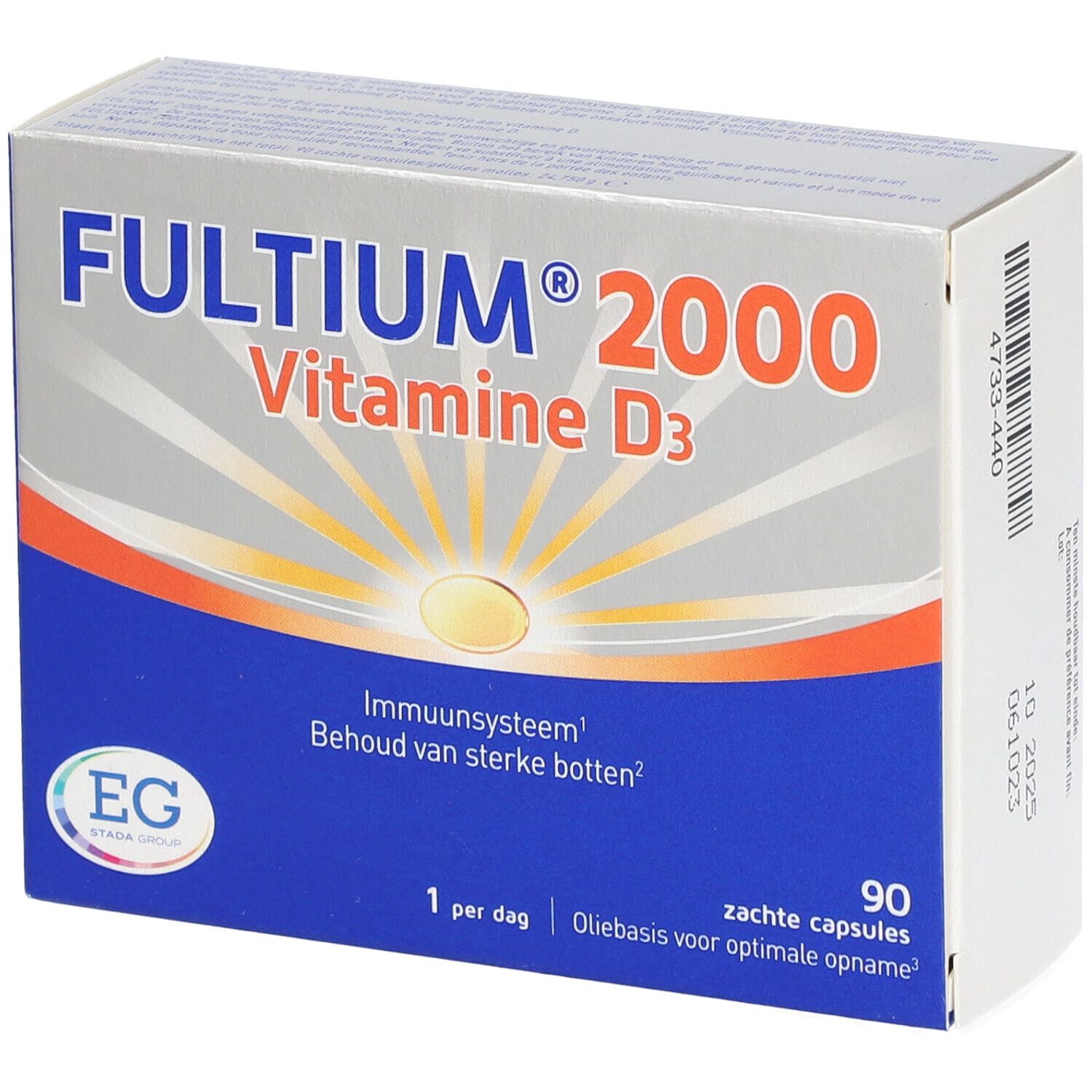 Doos Fultium 2000, vitamine D3. Blauwe en zilveren verpakking met productnaam en logo. 90 capsules.