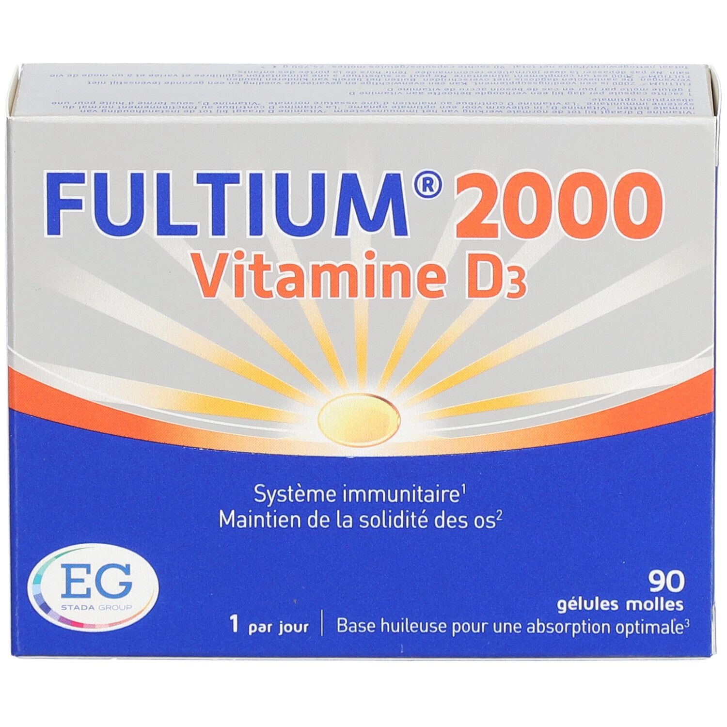 Doos Fultium 2000, vitamine D3. Blauwe en zilveren verpakking met productnaam en logo. 90 capsules.