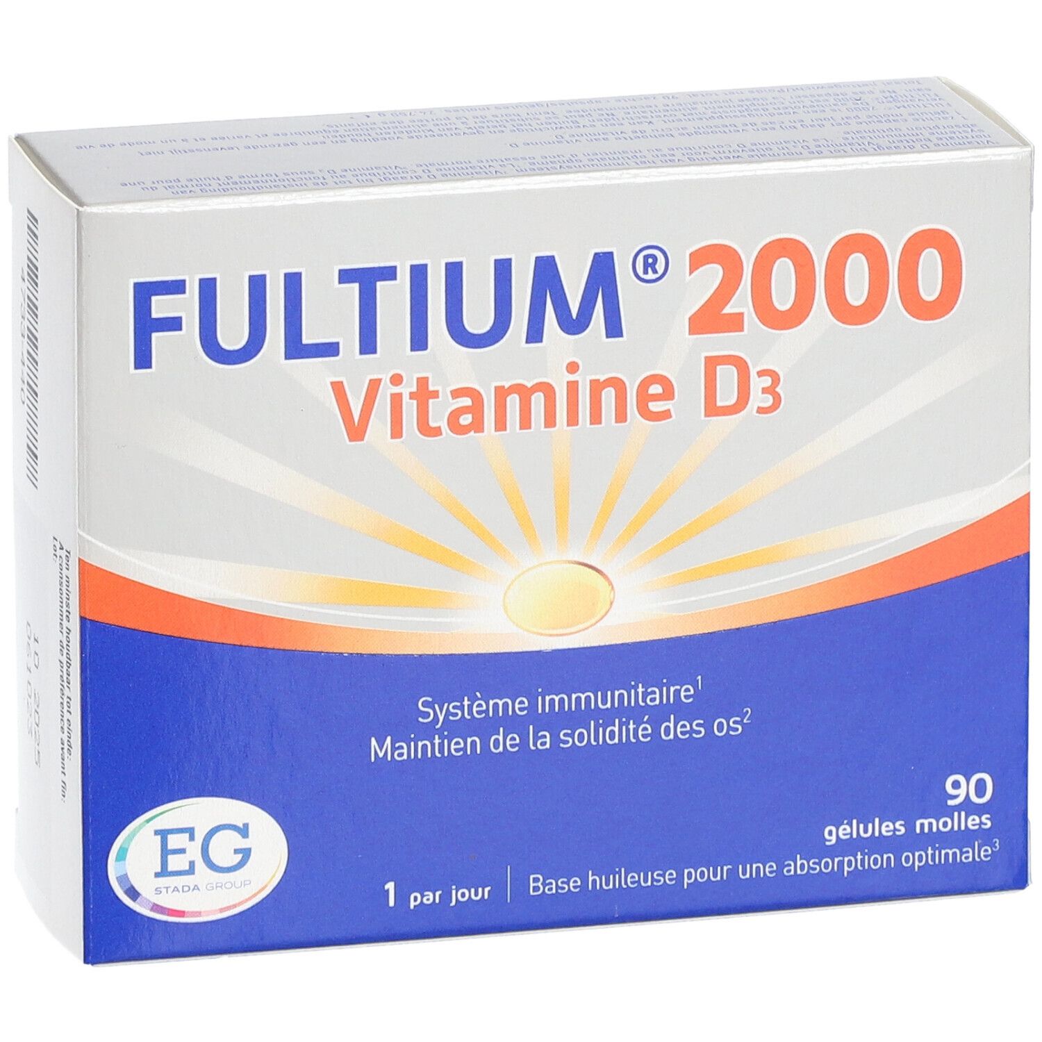 Doos Fultium 2000, vitamine D3. Blauwe en zilveren verpakking met productnaam en logo. 90 capsules.