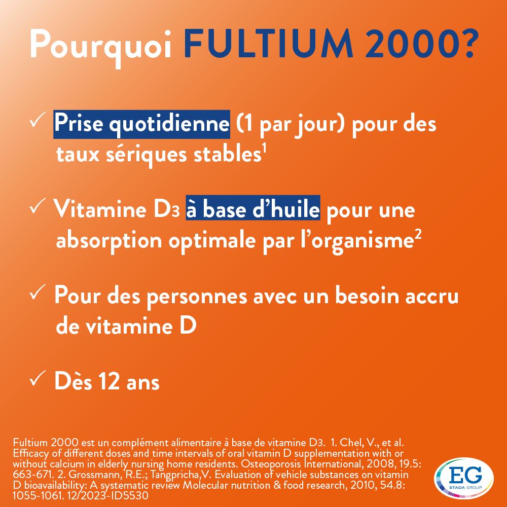 Texte sur fond orange. Avantages de Fultium 2000 : prise quotidienne, vitamine D3.
