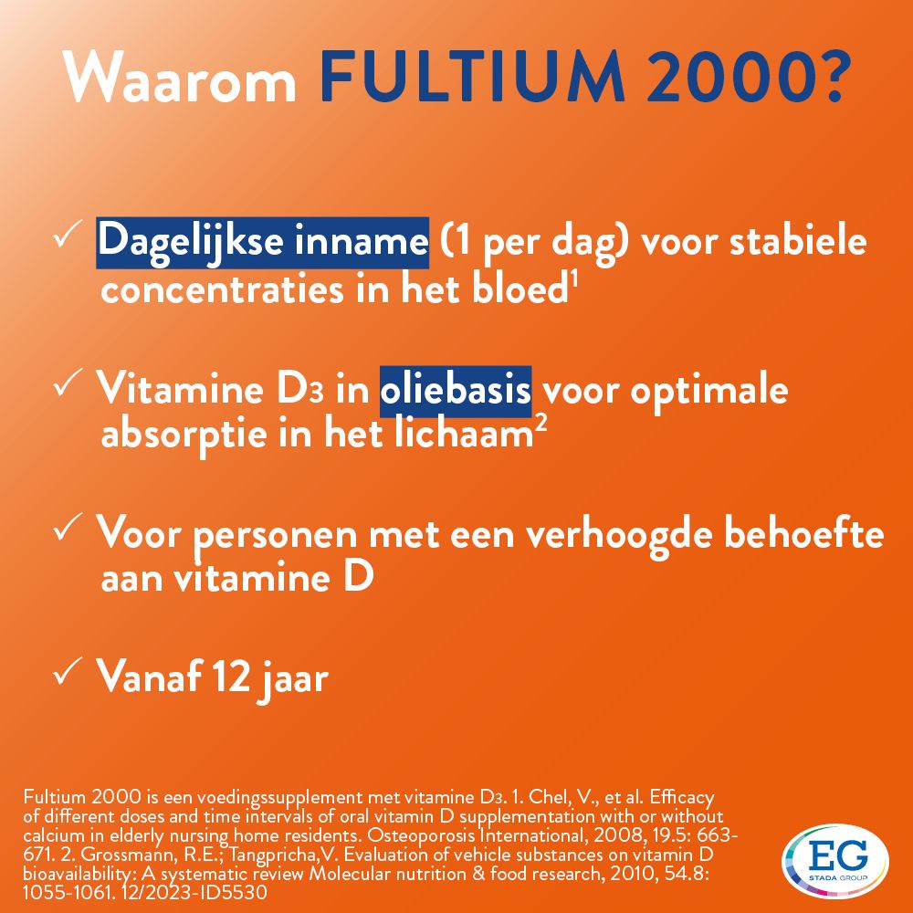 Tekst op oranje achtergrond. Voordelen van Fultium 2000: dagelijkse inname, vitamine D3.