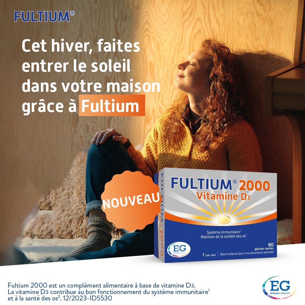 Femme profitant du soleil. Emballage Fultium 2000. Texte : Faites entrer le soleil.