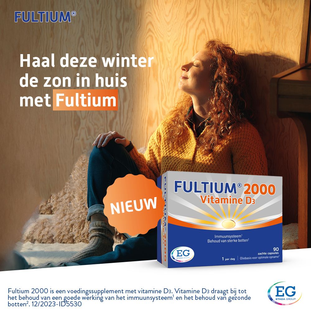 Vrouw geniet van de zon. Fultium 2000 verpakking. Tekst: Haal de zon in huis.