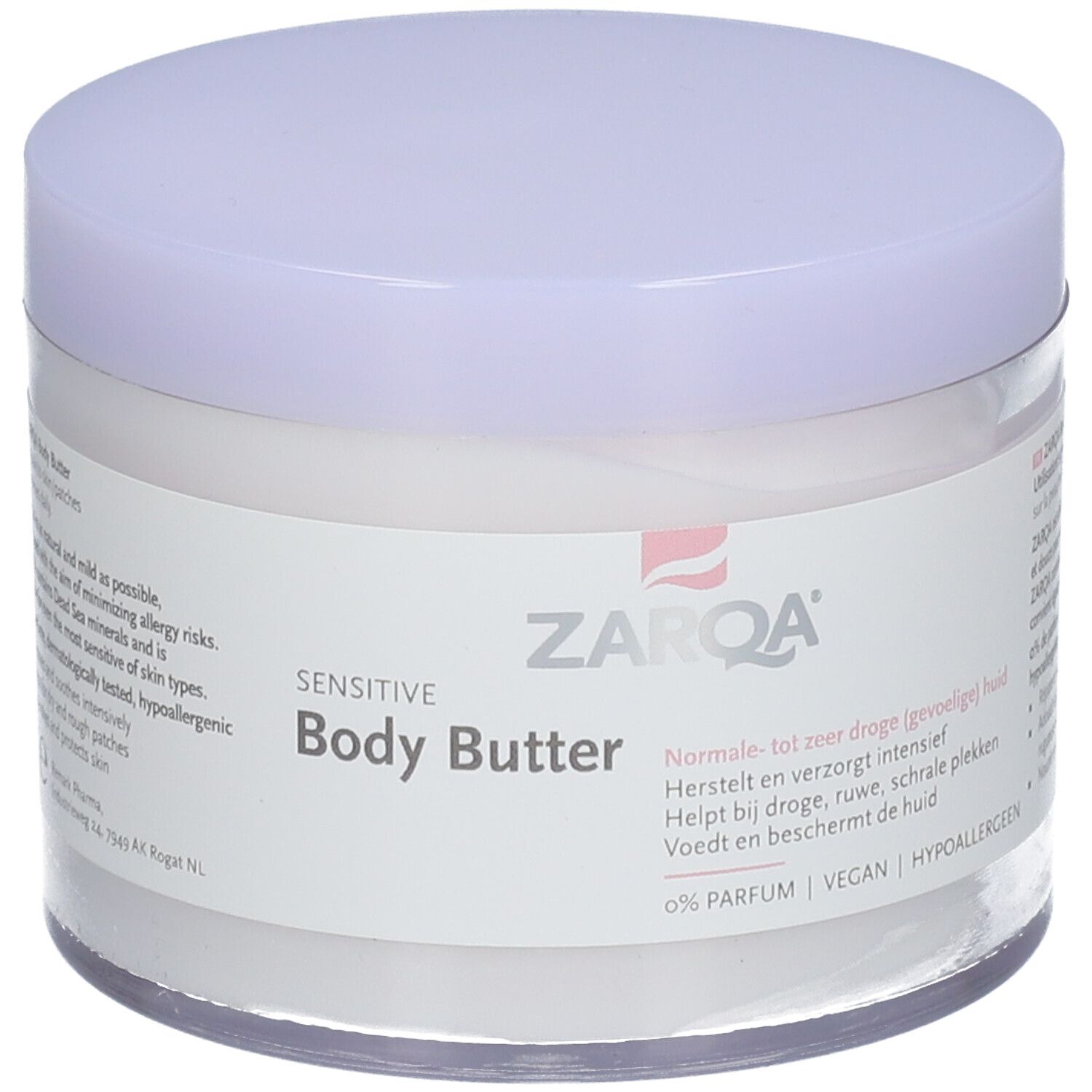 ZARQA Sensitive Body Butter in een witte pot met paarse deksel. Opschrift: Sensitive Body Butter.