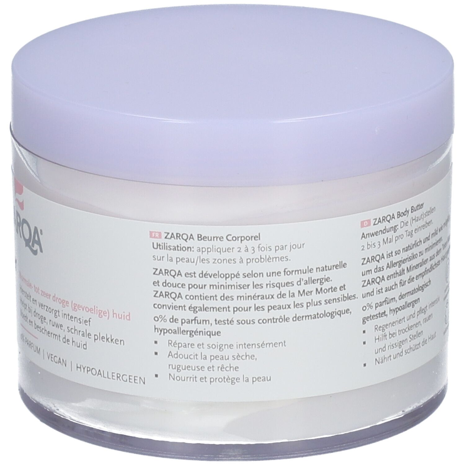 Achterkant van de ZARQA Sensitive Body Butter pot. Tekst in meerdere talen. Vegan, 0% parfum, hypoallergeen.