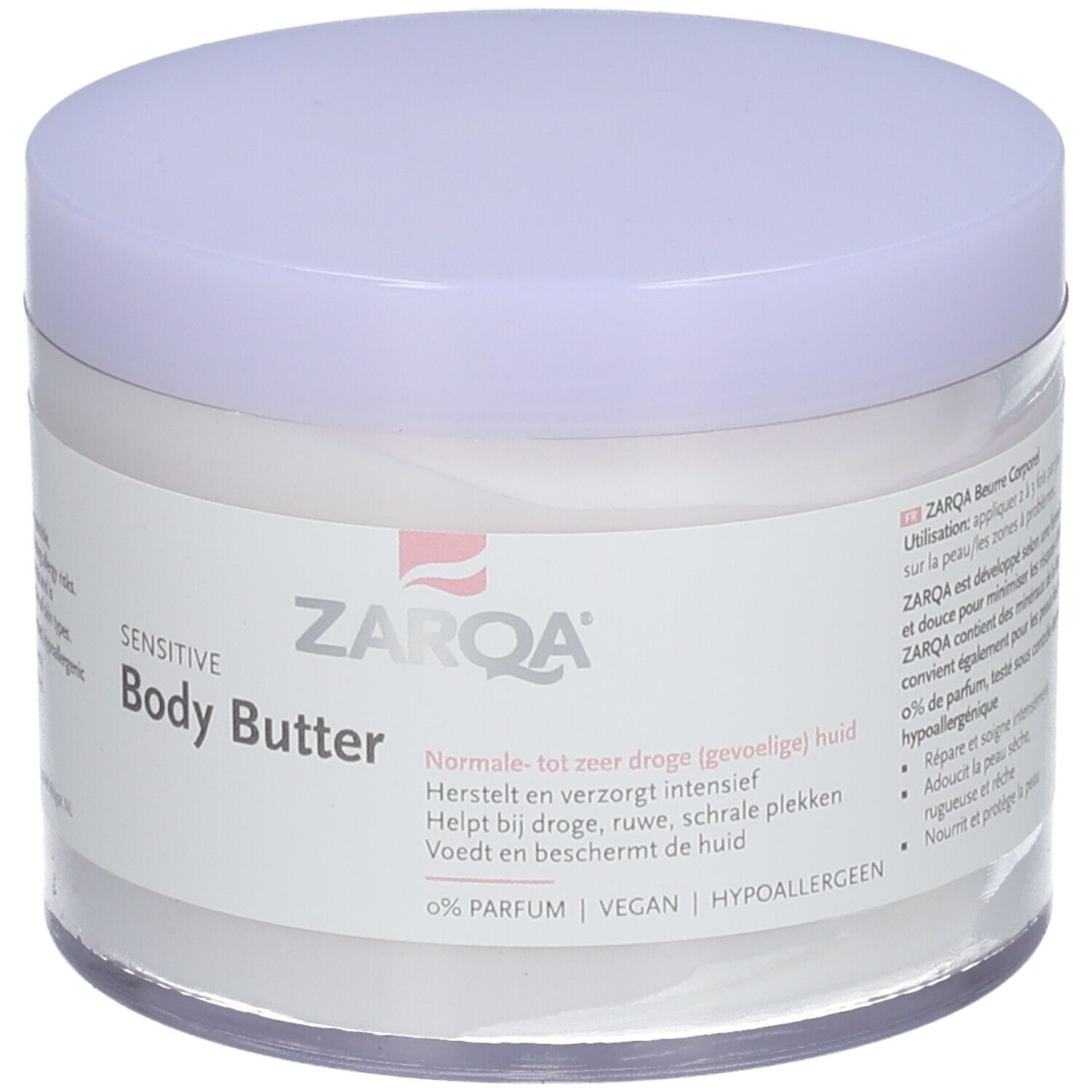 ZARQA Sensitive Body Butter in een witte pot met paarse deksel. Opschrift: Sensitive Body Butter.