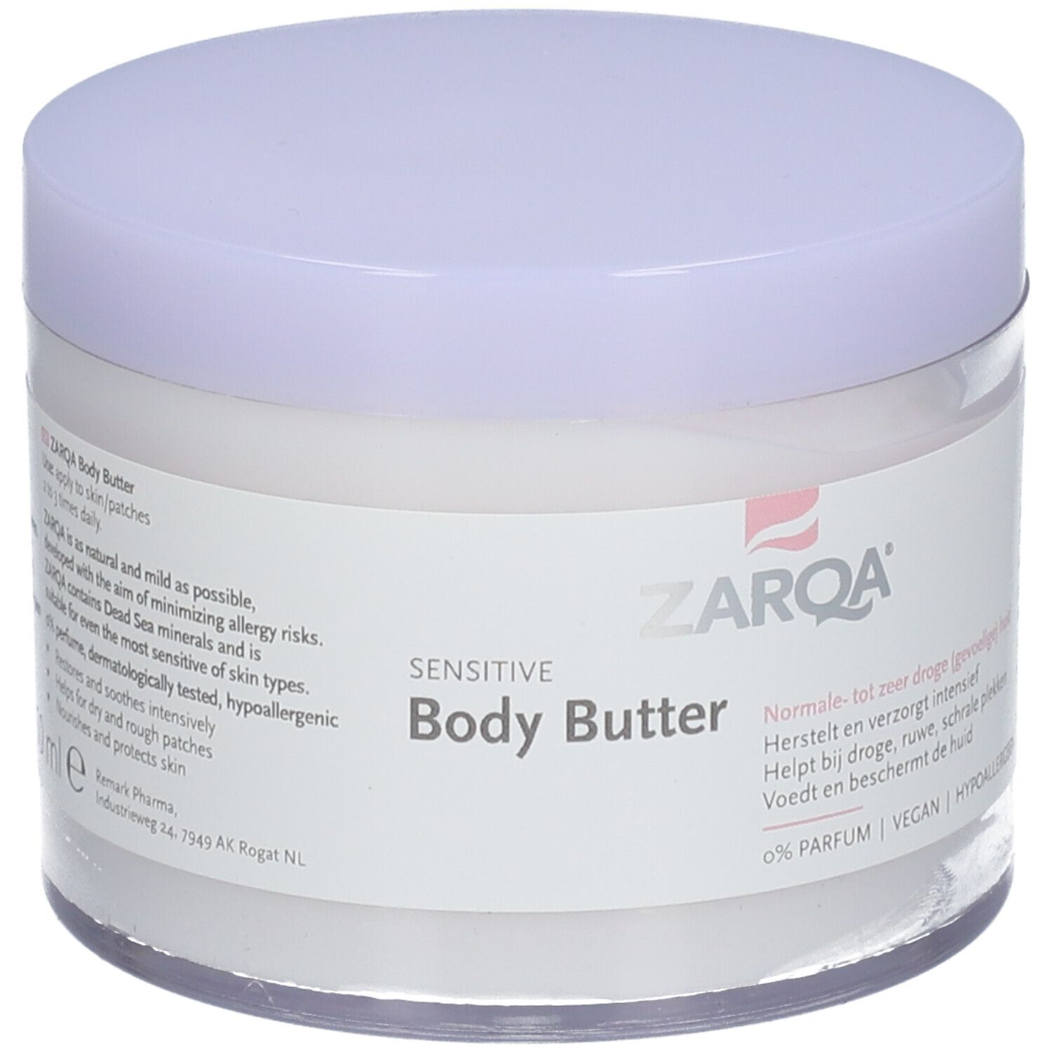 ZARQA Sensitive Body Butter in een witte pot met paarse deksel. Opschrift: Sensitive Body Butter.