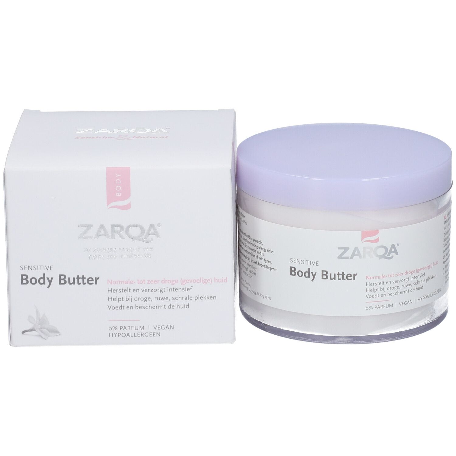ZARQA Sensitive Body Butter pot en verpakking. Opschrift: Sensitive Body Butter. 0% parfum, vegan, hypoallergeen.