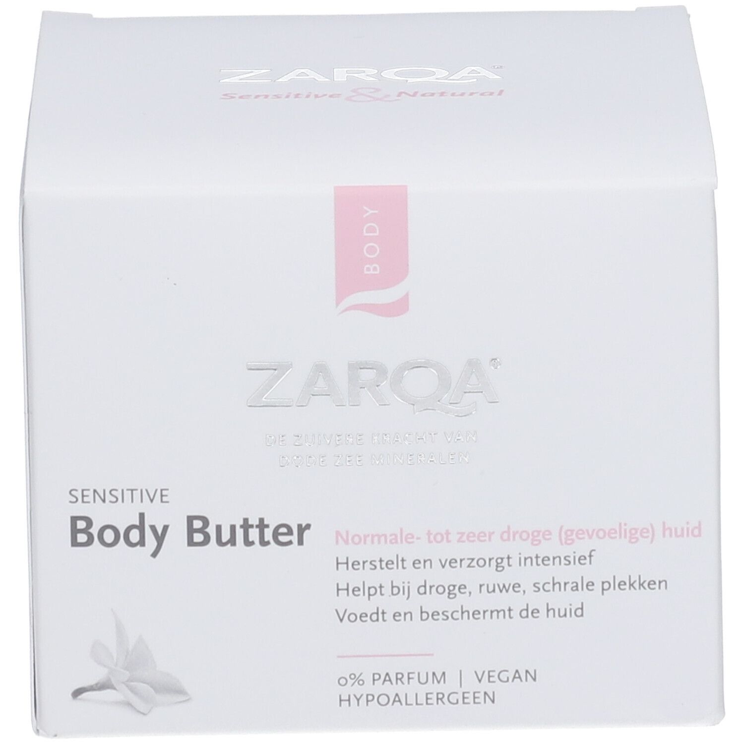 ZARQA Sensitive Body Butter verpakking. Opschrift: Sensitive Body Butter. 0% parfum, vegan, hypoallergeen.
