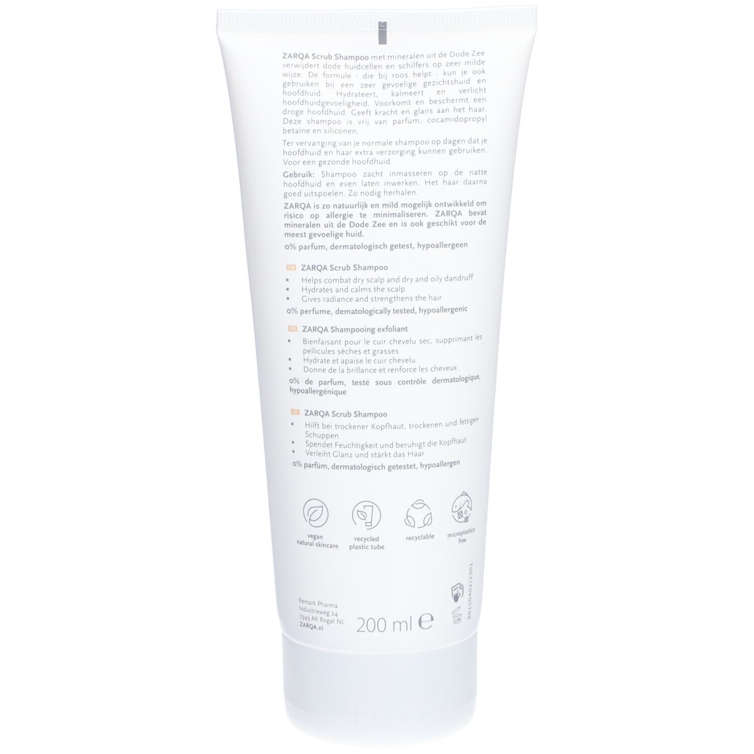 Rückseite der weißen Tube Zarqa Scrub Shampooing Sensitive. Produktinformationen in mehreren Sprachen, 200 ml.